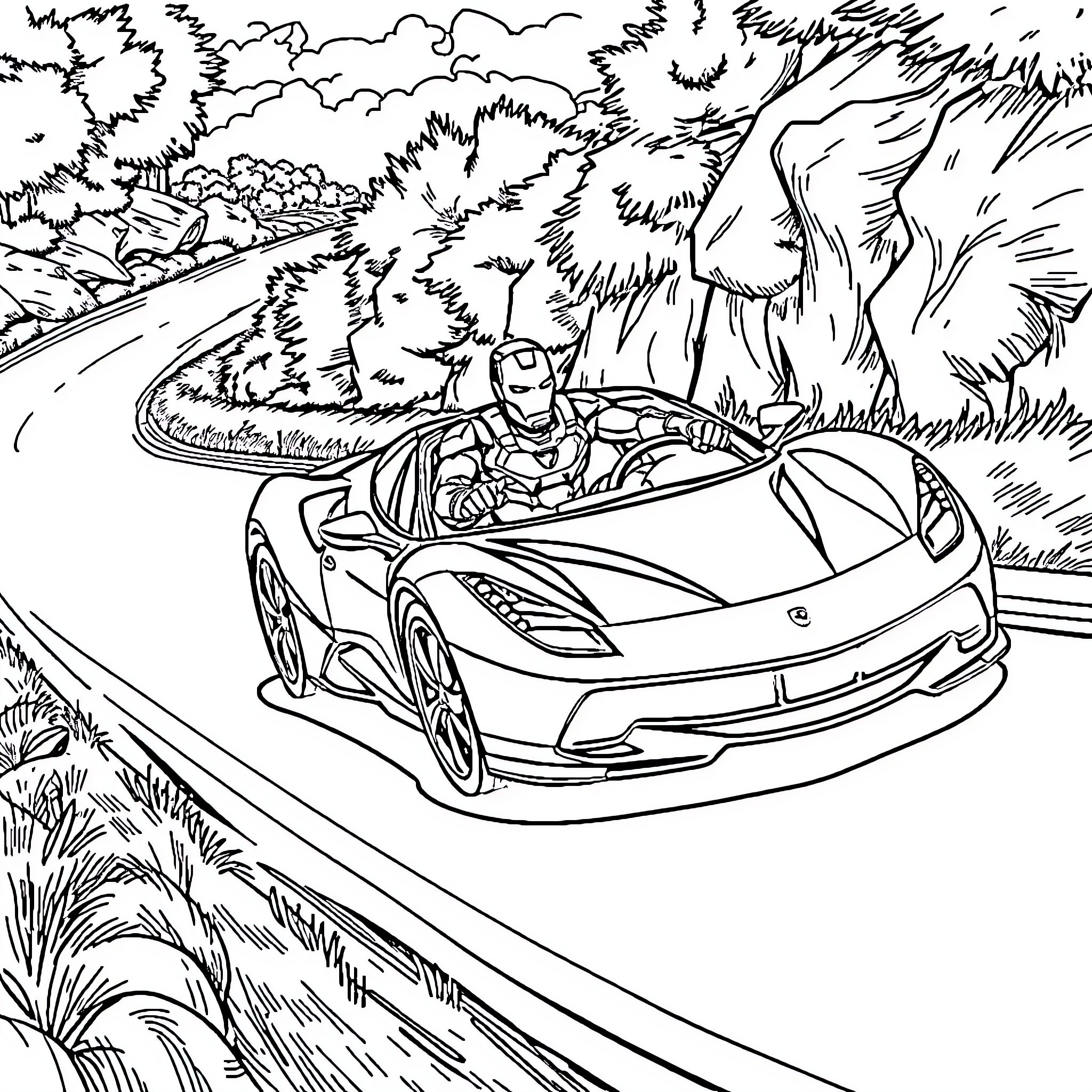 Iron Man driving sports car through nature Coloring Page (free black-and-white line drawing printable PDF for all, from beginners to advanced learners, including children, teens, adults, and seniors)