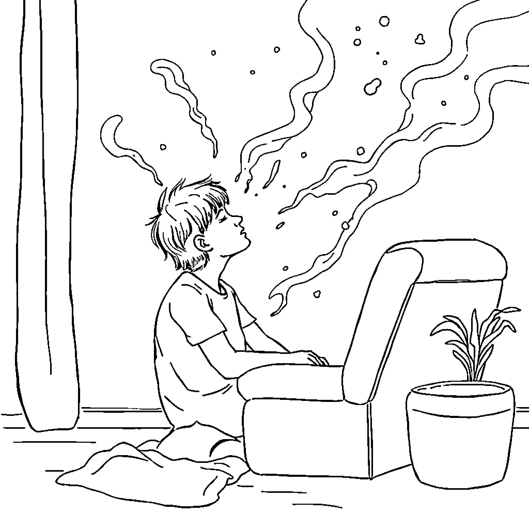 Anxiety Consuming a Young Person at Home Coloring Page (free black-and-white line drawing printable PDF for all, from beginners to advanced learners, including children, teens, adults, and seniors)