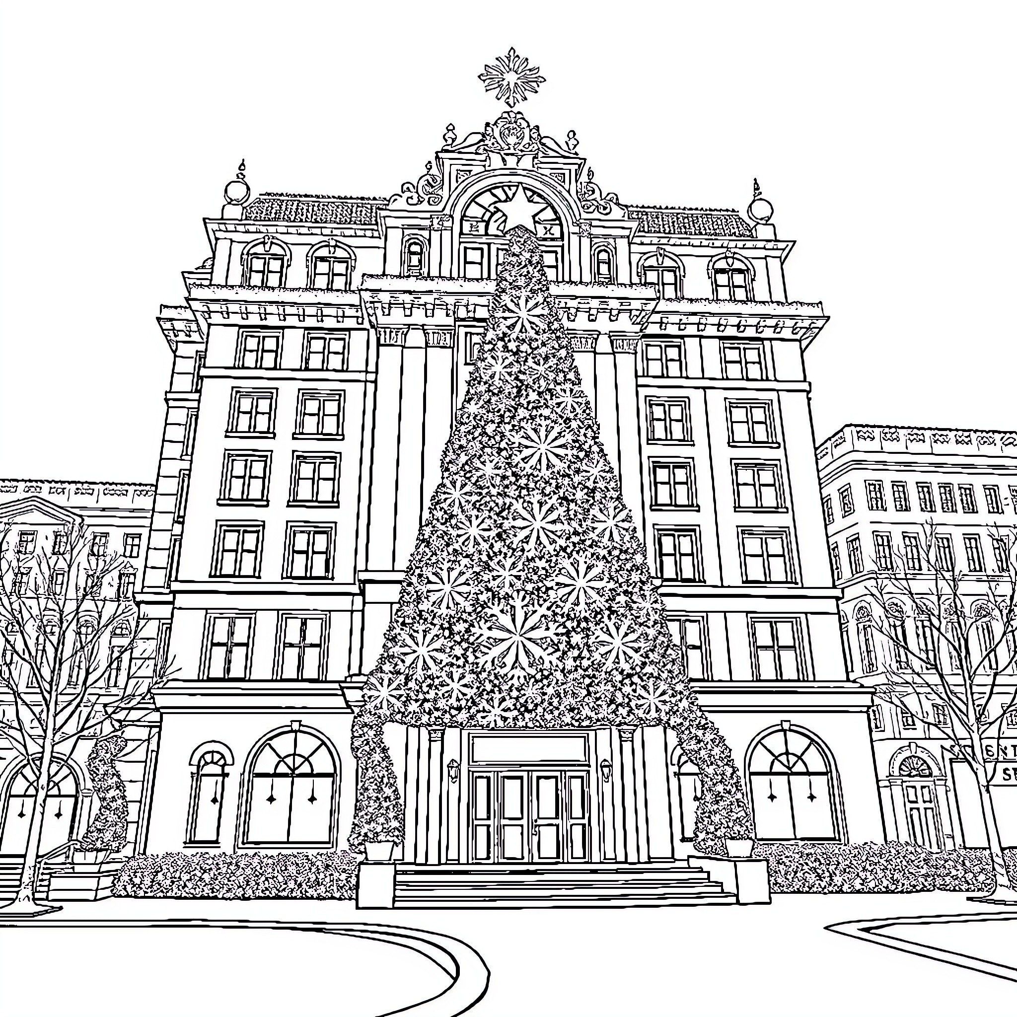 Building with ornate facade and decorated Christmas tree Coloring Page (free black-and-white line drawing printable PDF for all, from beginners to advanced learners, including children, teens, adults, and seniors)