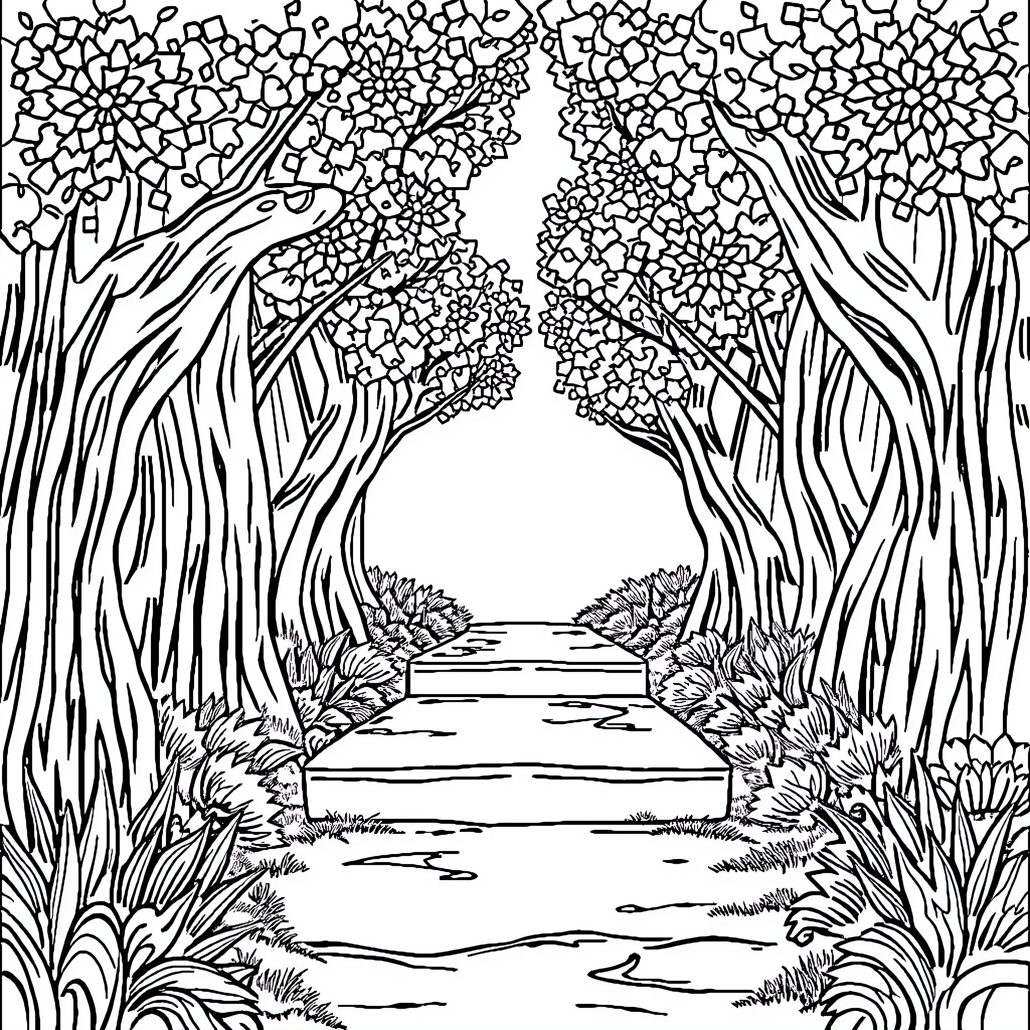 Unknown forest path amidst intricate vegetation Coloring Page (free black-and-white line drawing printable PDF for all, from beginners to advanced learners, including children, teens, adults, and seniors)