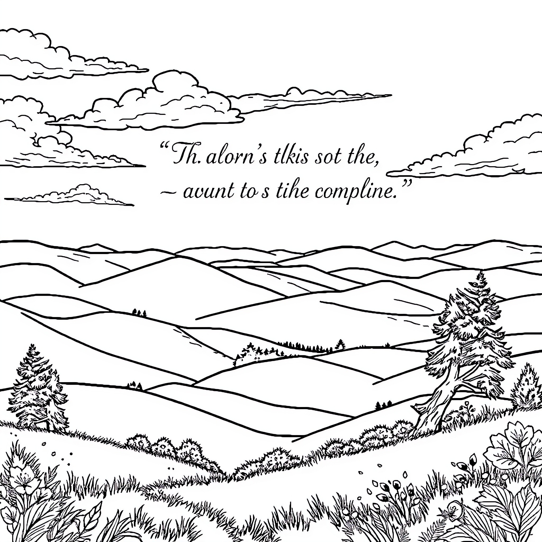 Bible Verse Landscape with Scenic Hills and Clouds Coloring Page (free black-and-white line drawing printable PDF for all, from beginners to advanced learners, including children, teens, adults, and seniors)