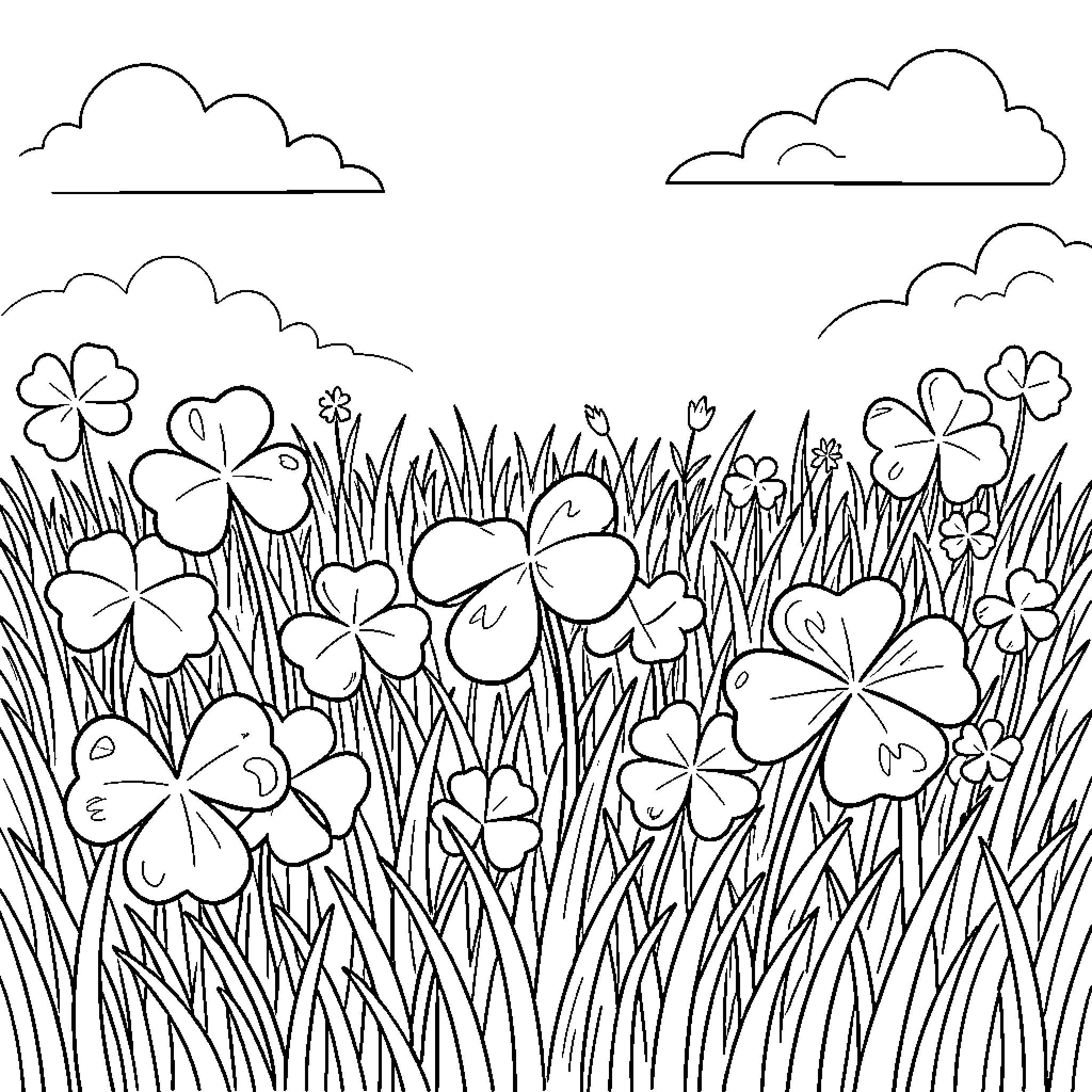 Shamrock Field of Blooming Clovers Coloring Page (free black-and-white line drawing printable PDF for all, from beginners to advanced learners, including children, teens, adults, and seniors)