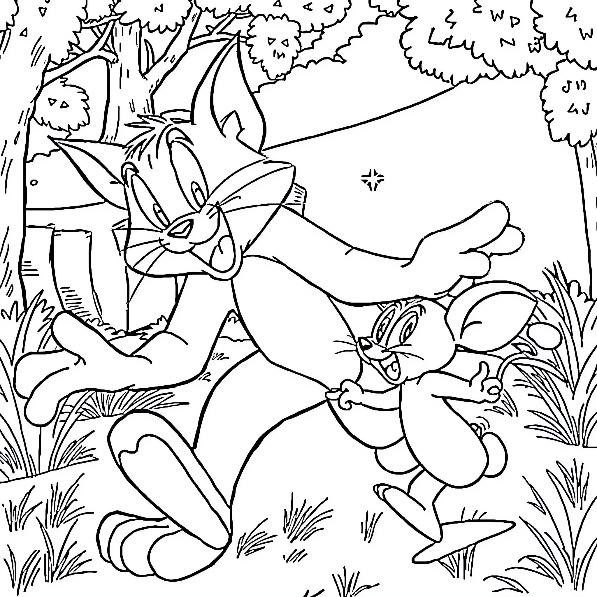 Tom and Jerry playful chase in the forest Coloring Page (free black-and-white line drawing printable PDF for all, from beginners to advanced learners, including children, teens, adults, and seniors)