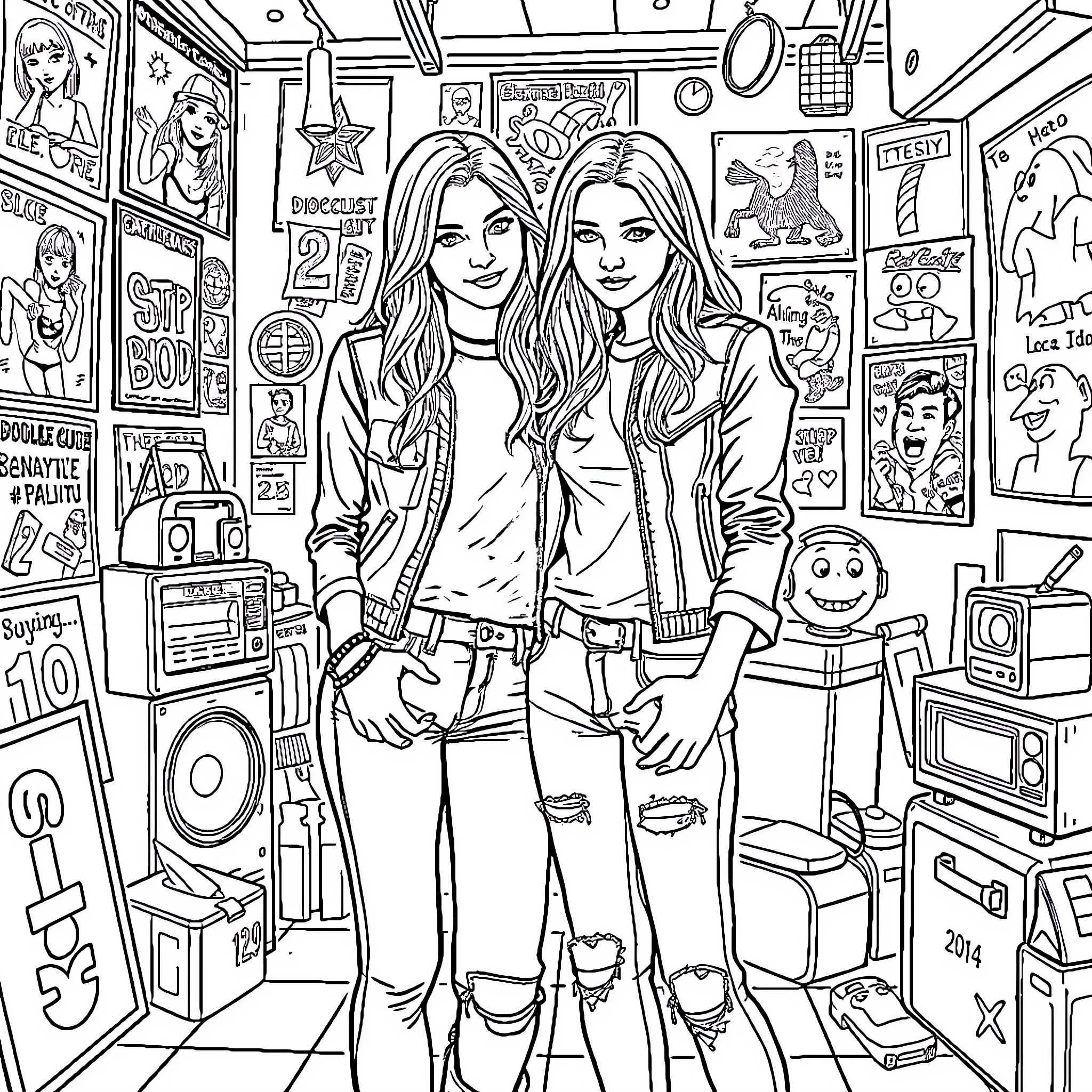Avril Lavigne Poses with Friend in Music-Filled Room Coloring Page (free black-and-white line drawing printable PDF for all, from beginners to advanced learners, including children, teens, adults, and seniors)