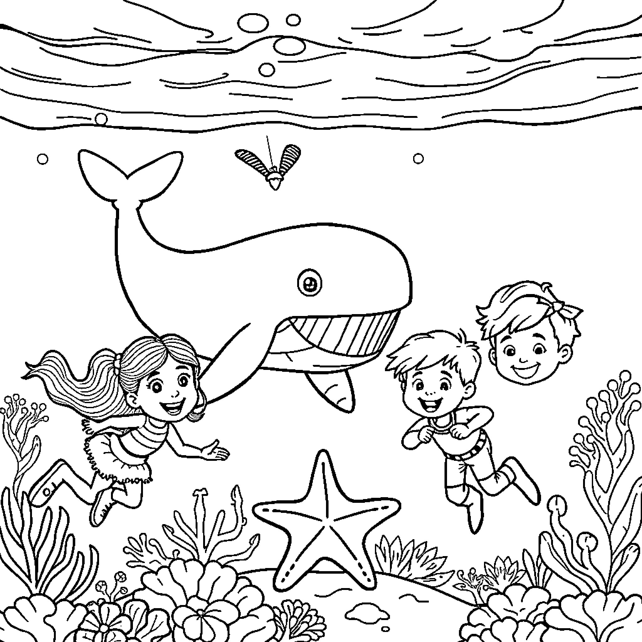 Children exploring the underwater ocean world Coloring Page (free black-and-white line drawing printable PDF for all, from beginners to advanced learners, including children, teens, adults, and seniors)