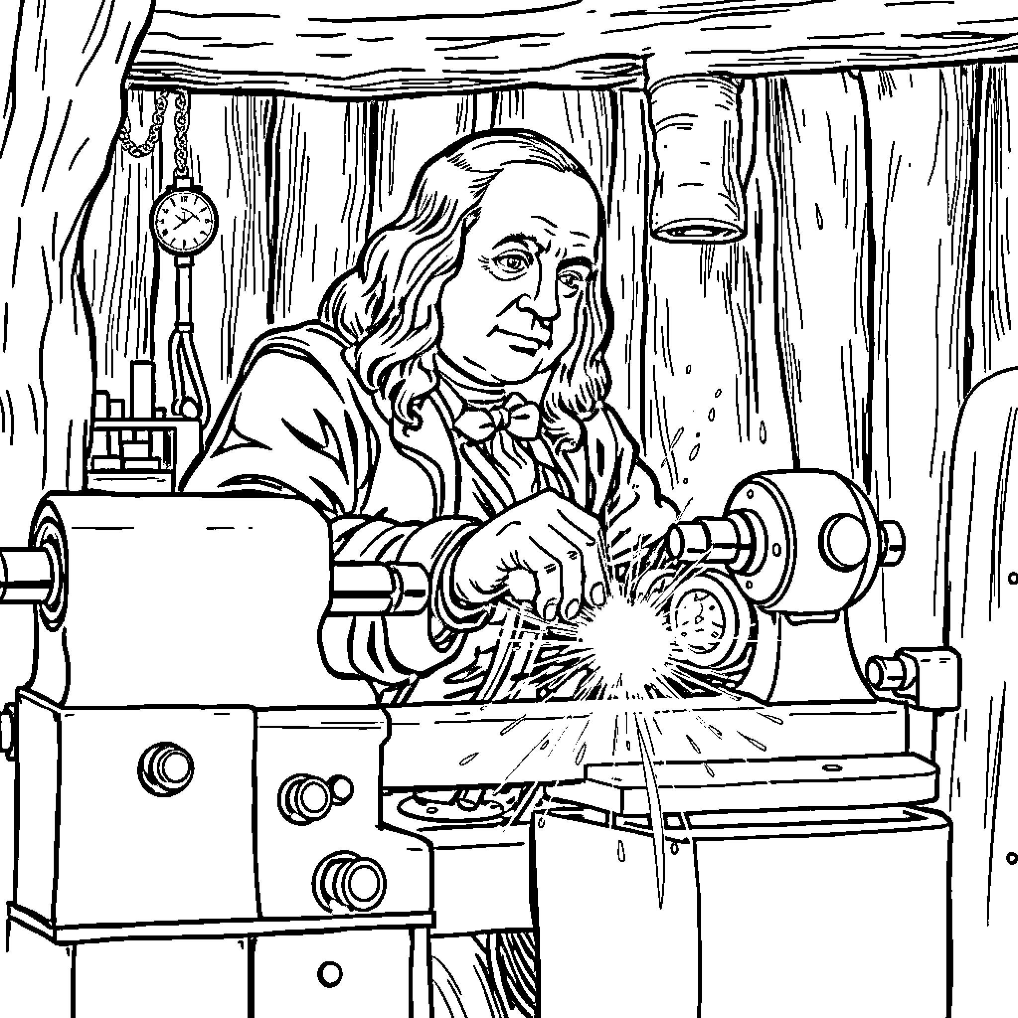 Ben Franklin working intently in his workshop Coloring Page (free black-and-white line drawing printable PDF for all, from beginners to advanced learners, including children, teens, adults, and seniors)