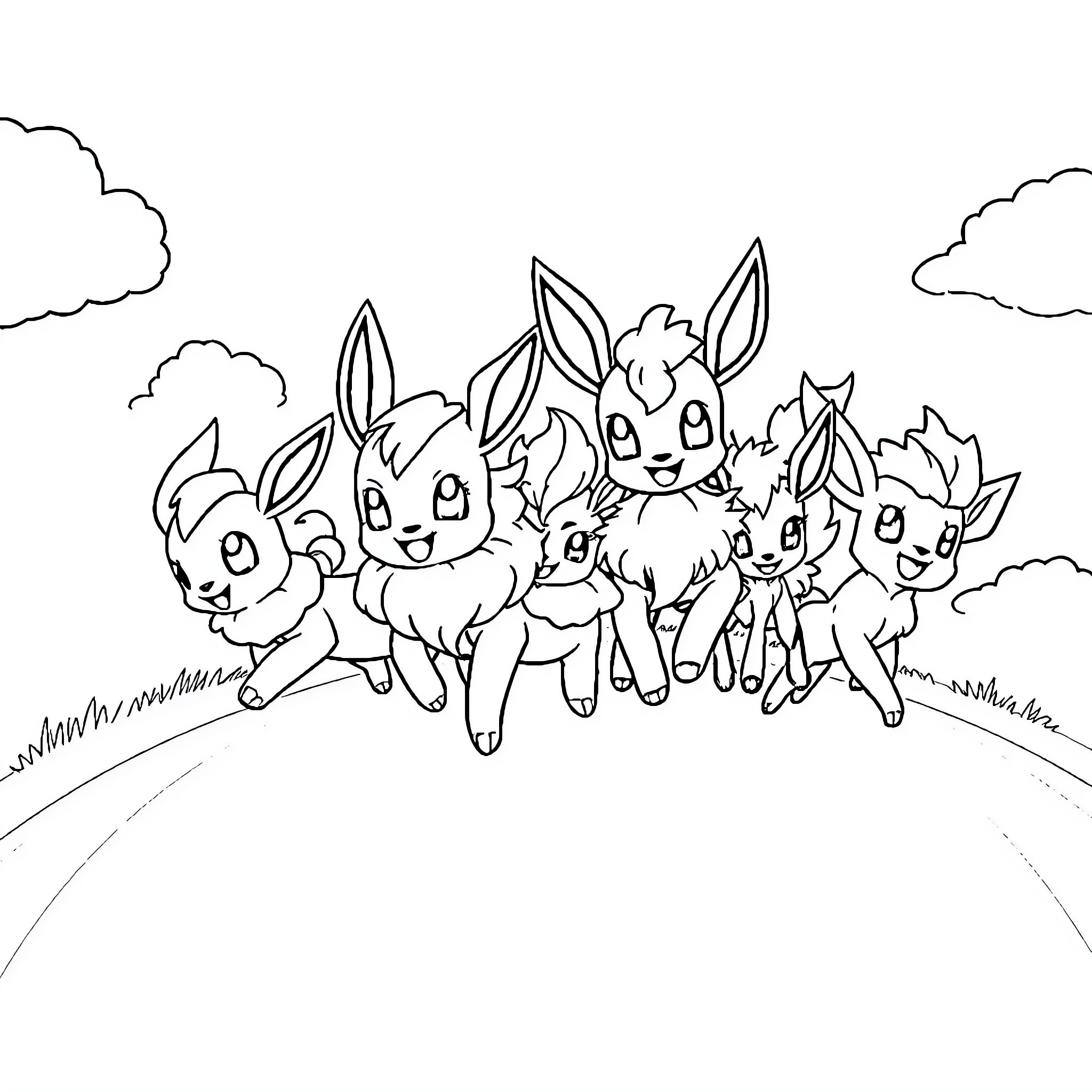 Eevee and its evolutions playing together Coloring Page (free black-and-white line drawing printable PDF for all, from beginners to advanced learners, including children, teens, adults, and seniors)