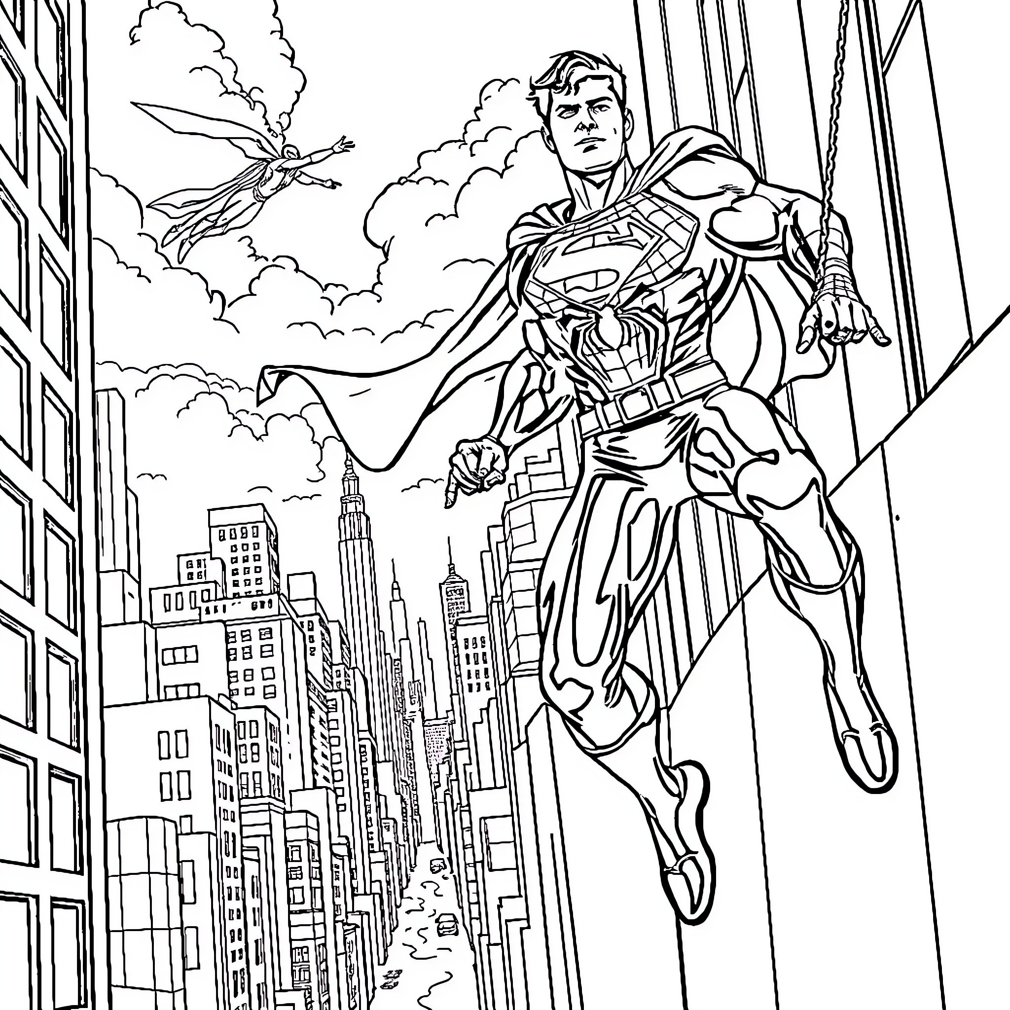 Superman soaring over the city in heroic pose Coloring Page (free black-and-white line drawing printable PDF for all, from beginners to advanced learners, including children, teens, adults, and seniors)