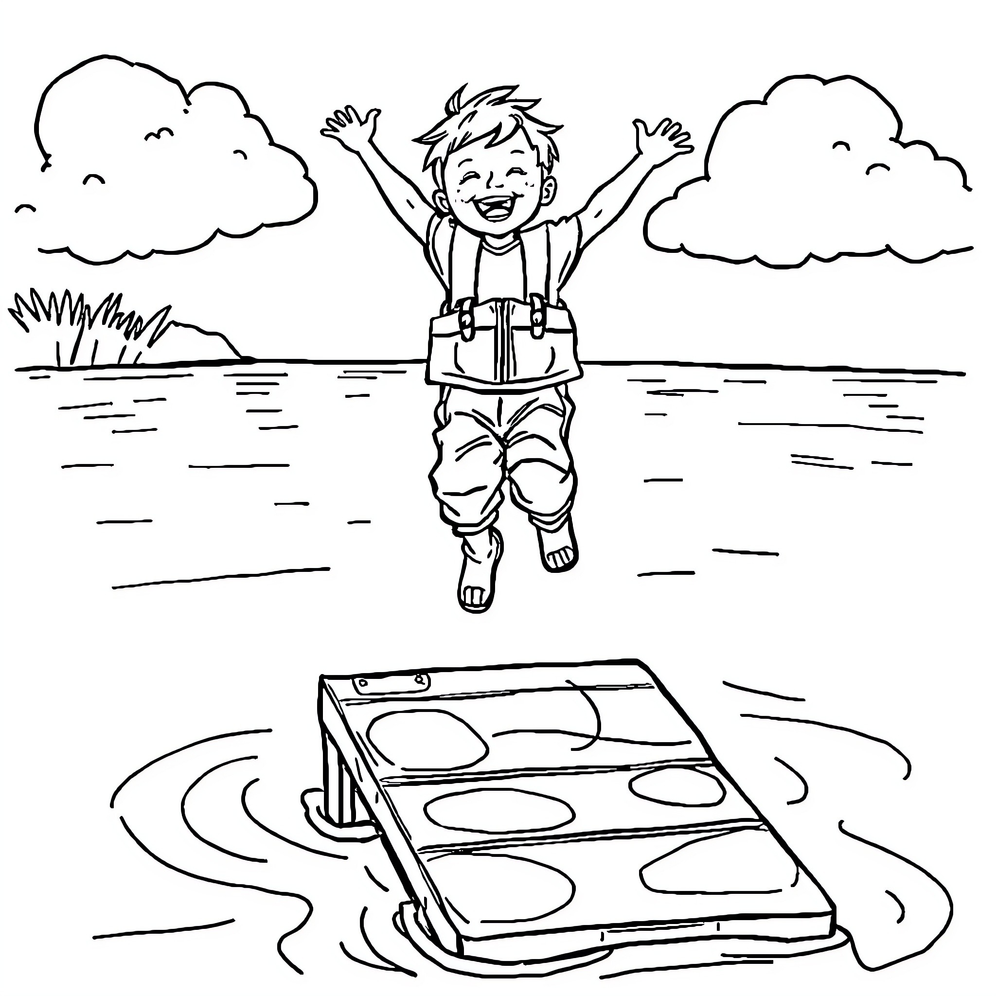 Child jumping with joy near playing field Coloring Page (free black-and-white line drawing printable PDF for all, from beginners to advanced learners, including children, teens, adults, and seniors)