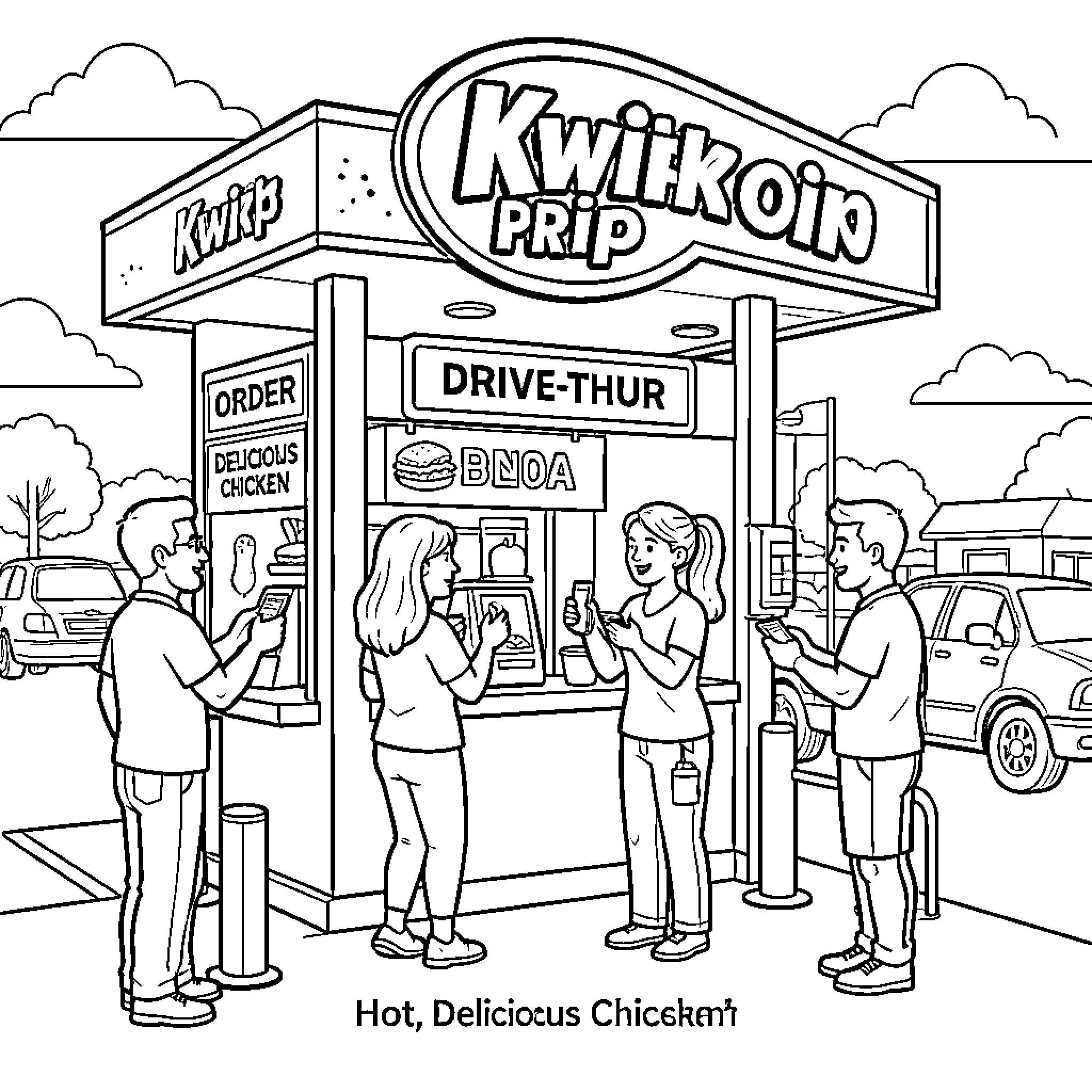 Chicken Drive-Thru Restaurant Scene Coloring Page (free black-and-white line drawing printable PDF for all, from beginners to advanced learners, including children, teens, adults, and seniors)