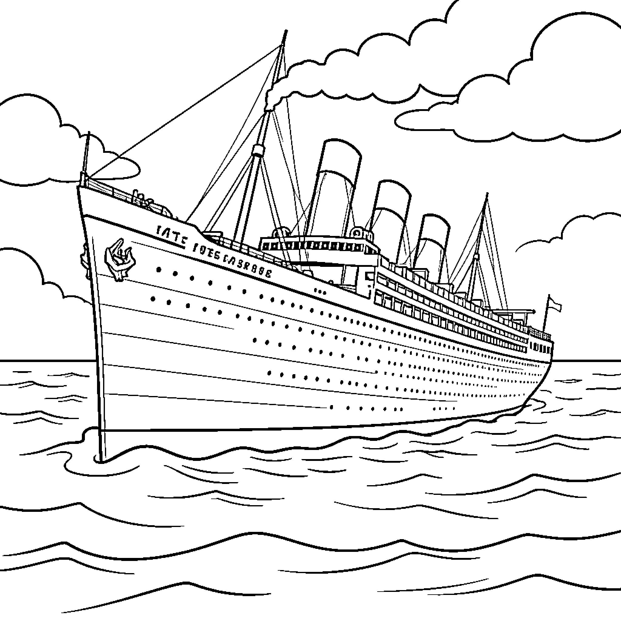Titanic ship sailing through the ocean Coloring Page (free black-and-white line drawing printable PDF for all, from beginners to advanced learners, including children, teens, adults, and seniors)