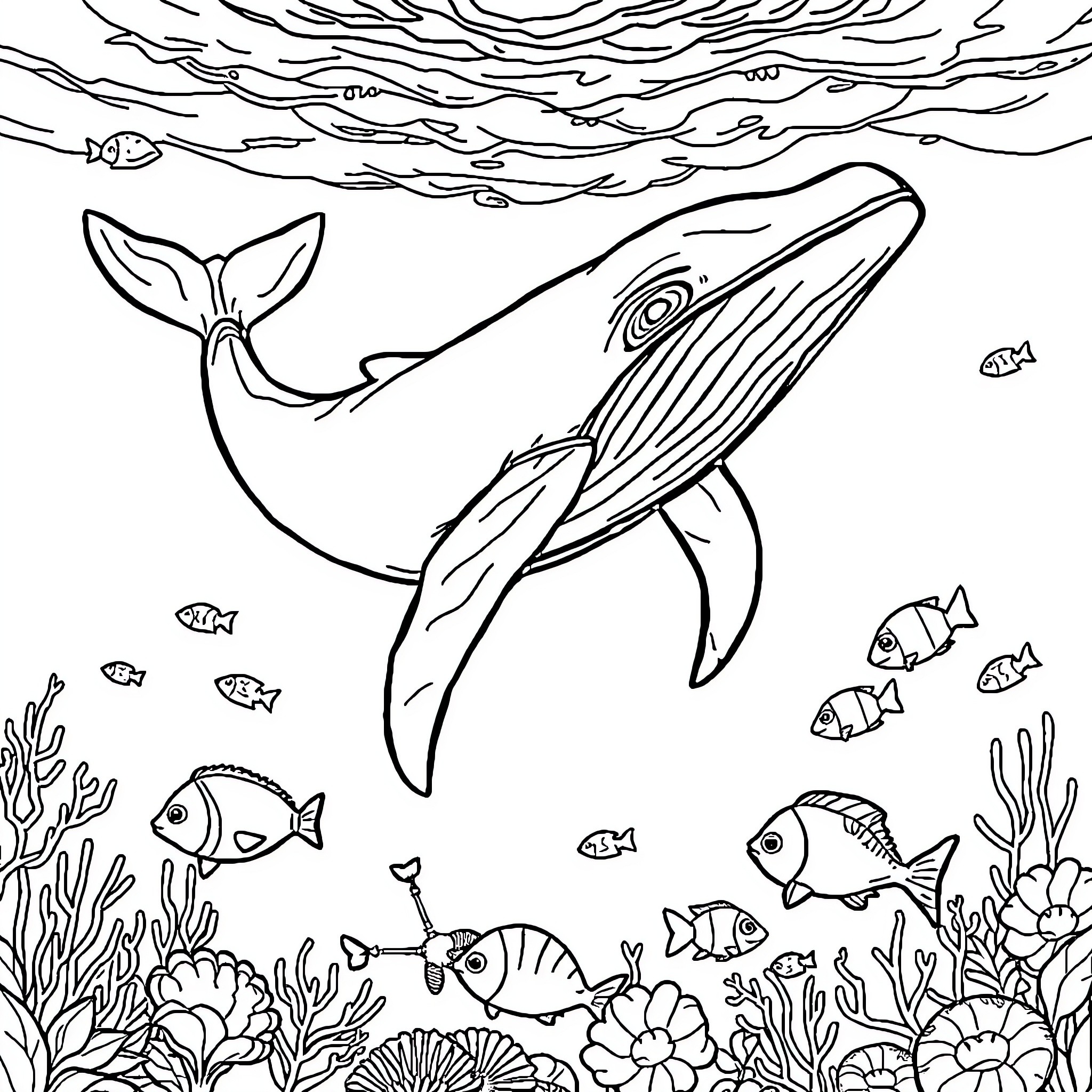Unicorn whale swimming among colorful sea creatures Coloring Page (free black-and-white line drawing printable PDF for all, from beginners to advanced learners, including children, teens, adults, and seniors)