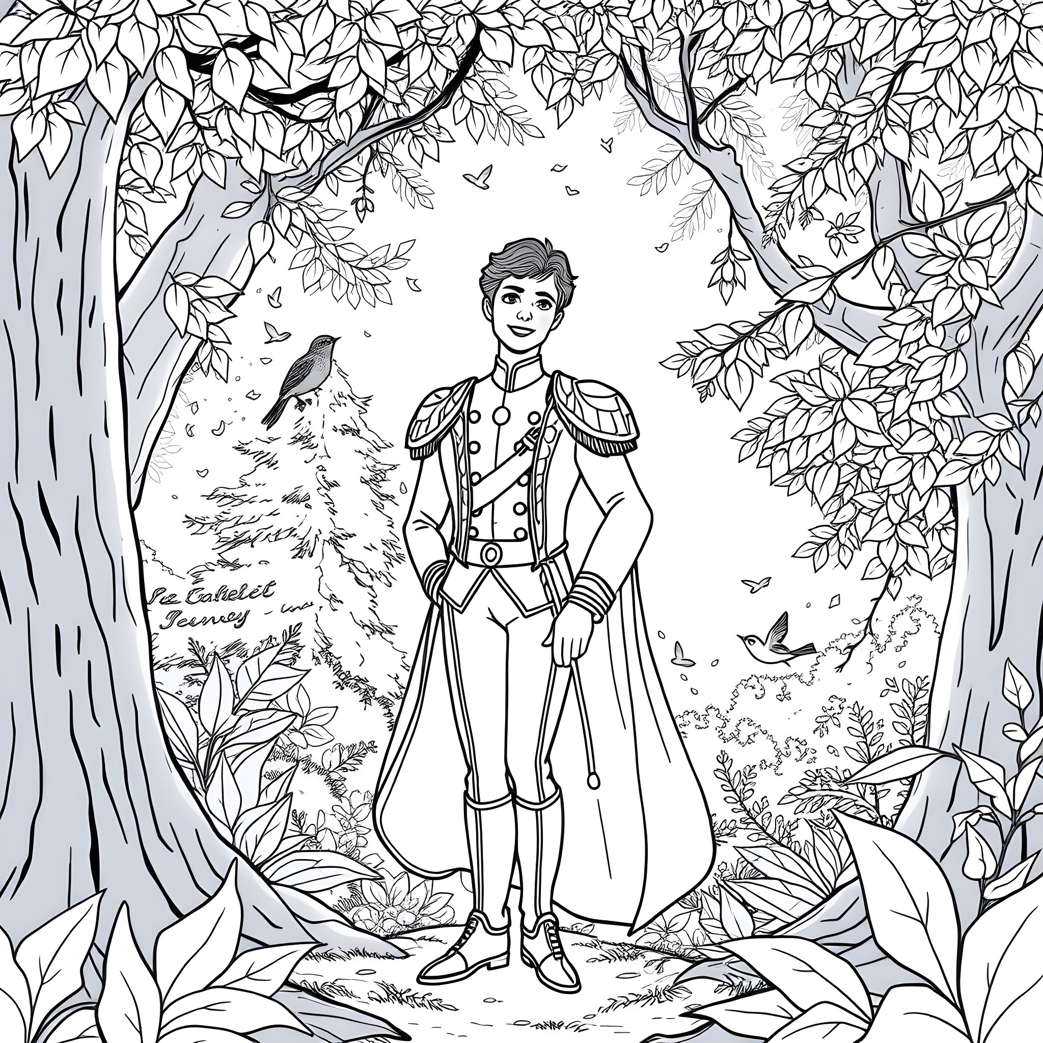 Prince strolling amidst nature's embrace Coloring Page (free black-and-white line drawing printable PDF for all, from beginners to advanced learners, including children, teens, adults, and seniors)