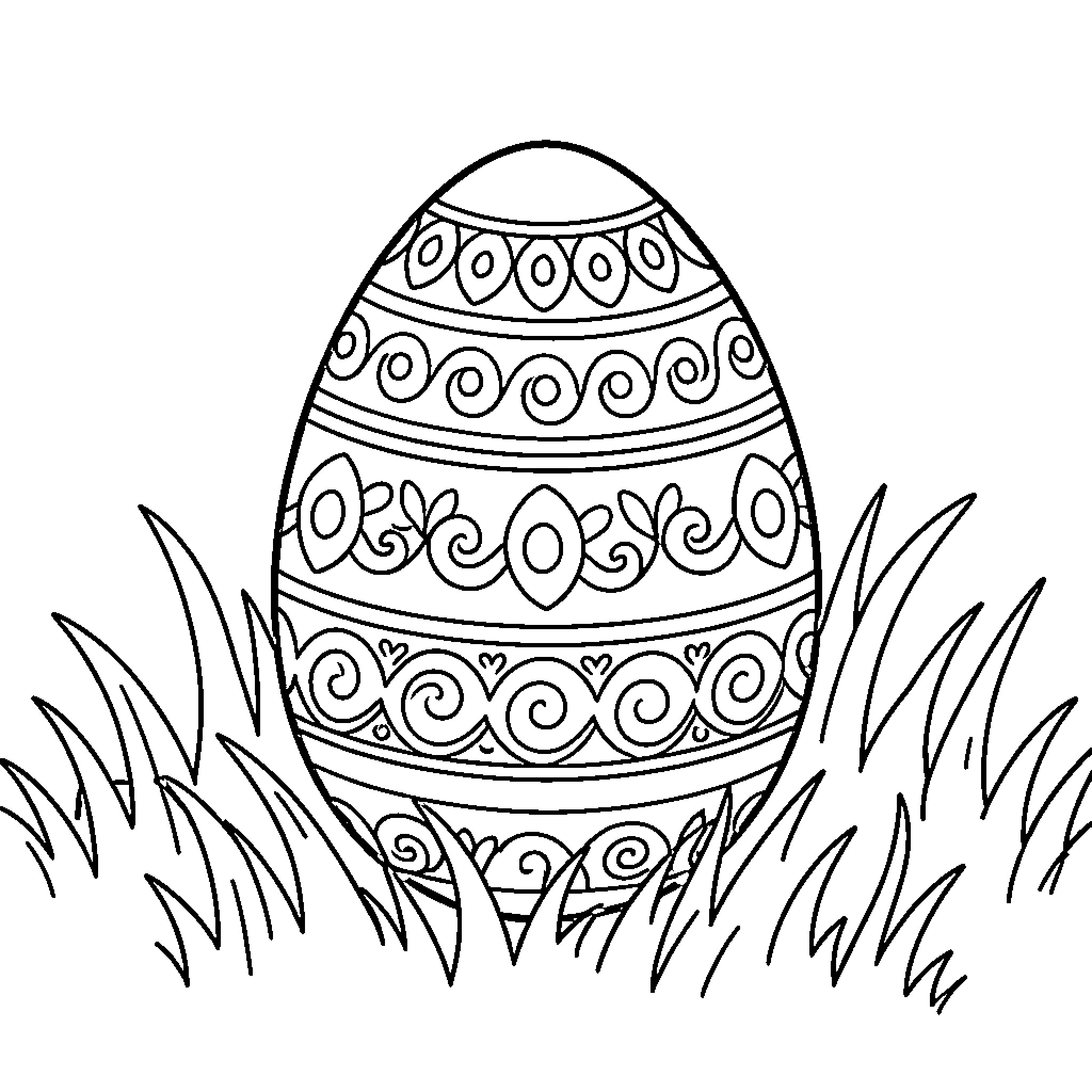 Easter Egg in the Grass with Intricate Patterns Coloring Page (free black-and-white line drawing printable PDF for all, from beginners to advanced learners, including children, teens, adults, and seniors)