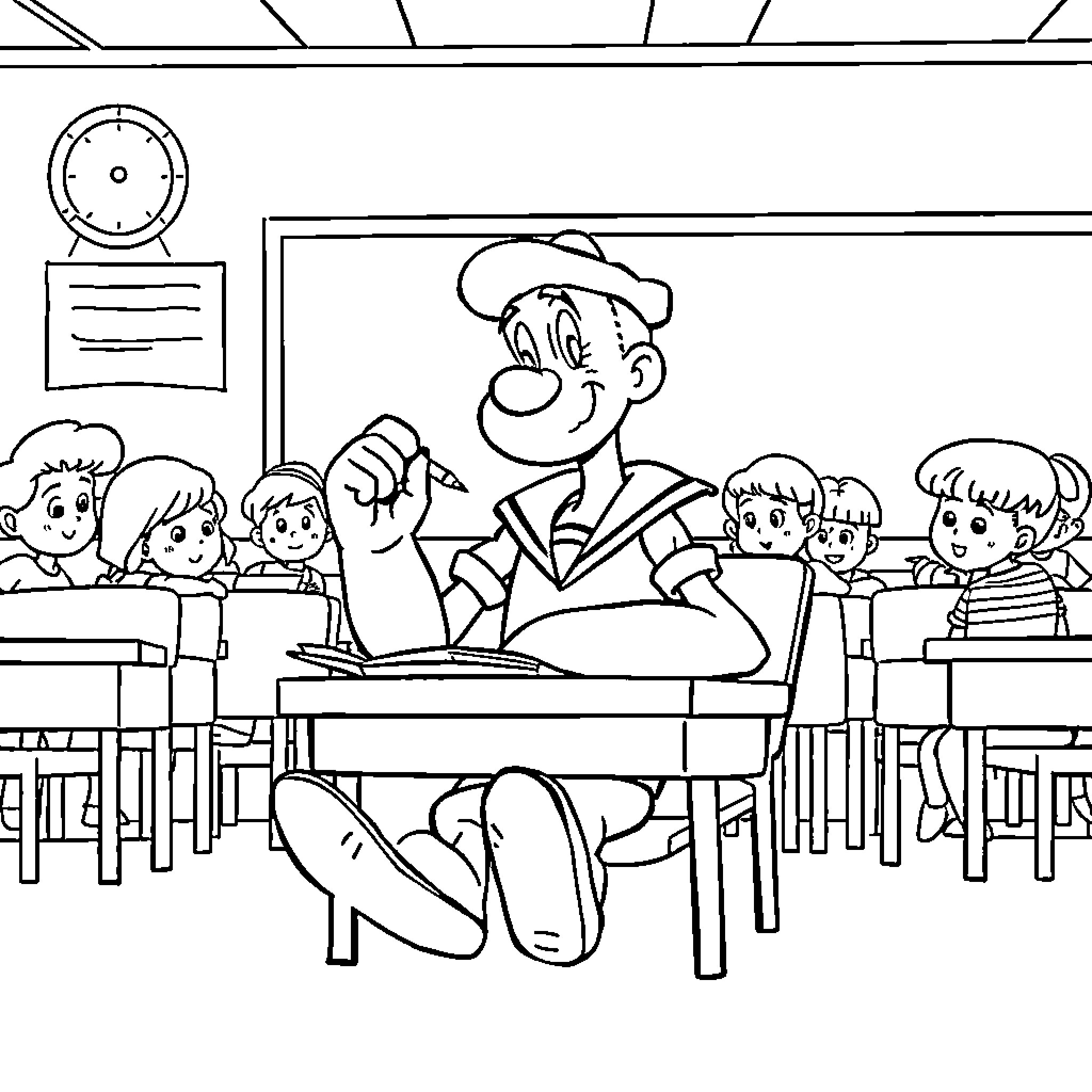 Popeye teaching students in the classroom Coloring Page (free black-and-white line drawing printable PDF for all, from beginners to advanced learners, including children, teens, adults, and seniors)
