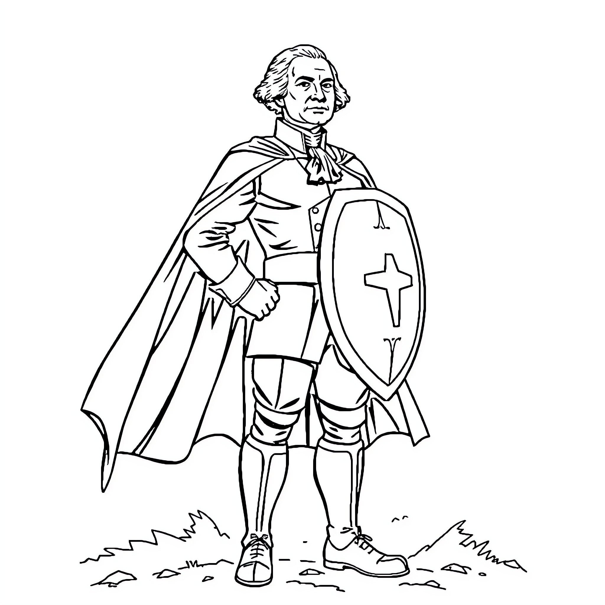 George Washington as a Heroic Warrior with Shield Coloring Page (free black-and-white line drawing printable PDF for all, from beginners to advanced learners, including children, teens, adults, and seniors)
