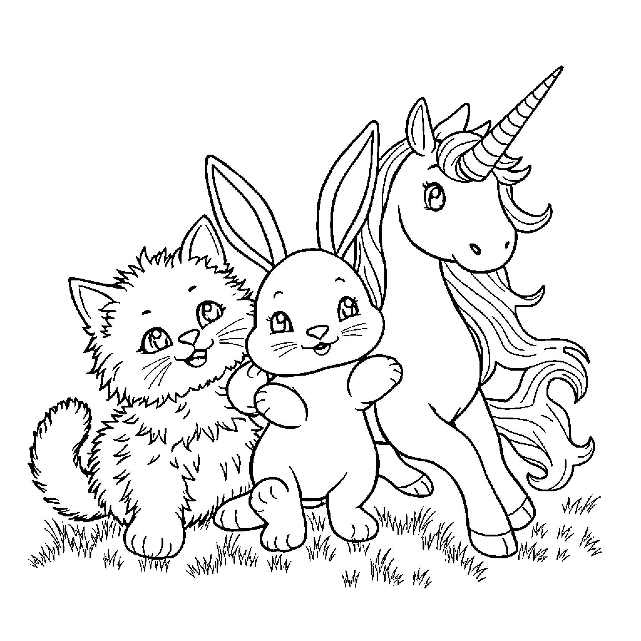 Cat and Unicorn Playing in the Grass Coloring Page (free black-and-white line drawing printable PDF for all, from beginners to advanced learners, including children, teens, adults, and seniors)