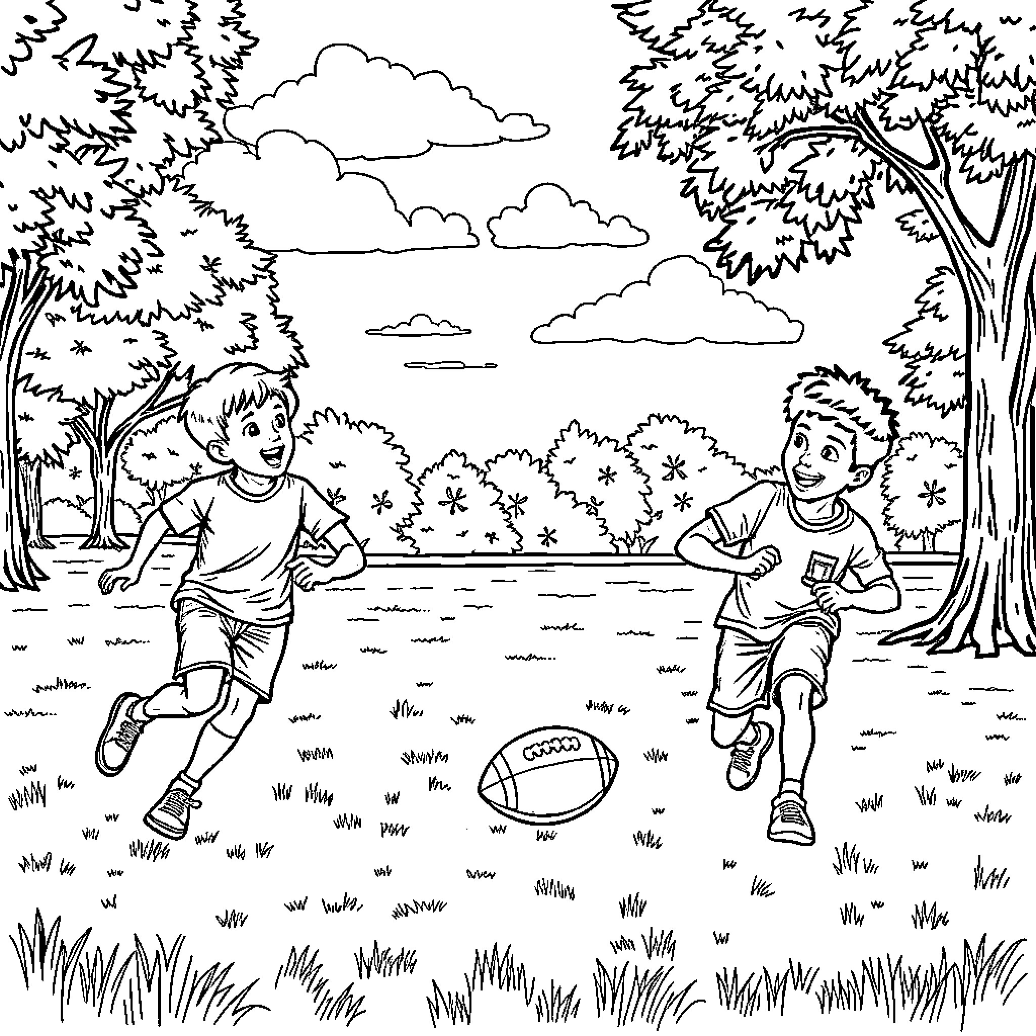 Boys playing football in the park Coloring Page (free black-and-white line drawing printable PDF for all, from beginners to advanced learners, including children, teens, adults, and seniors)