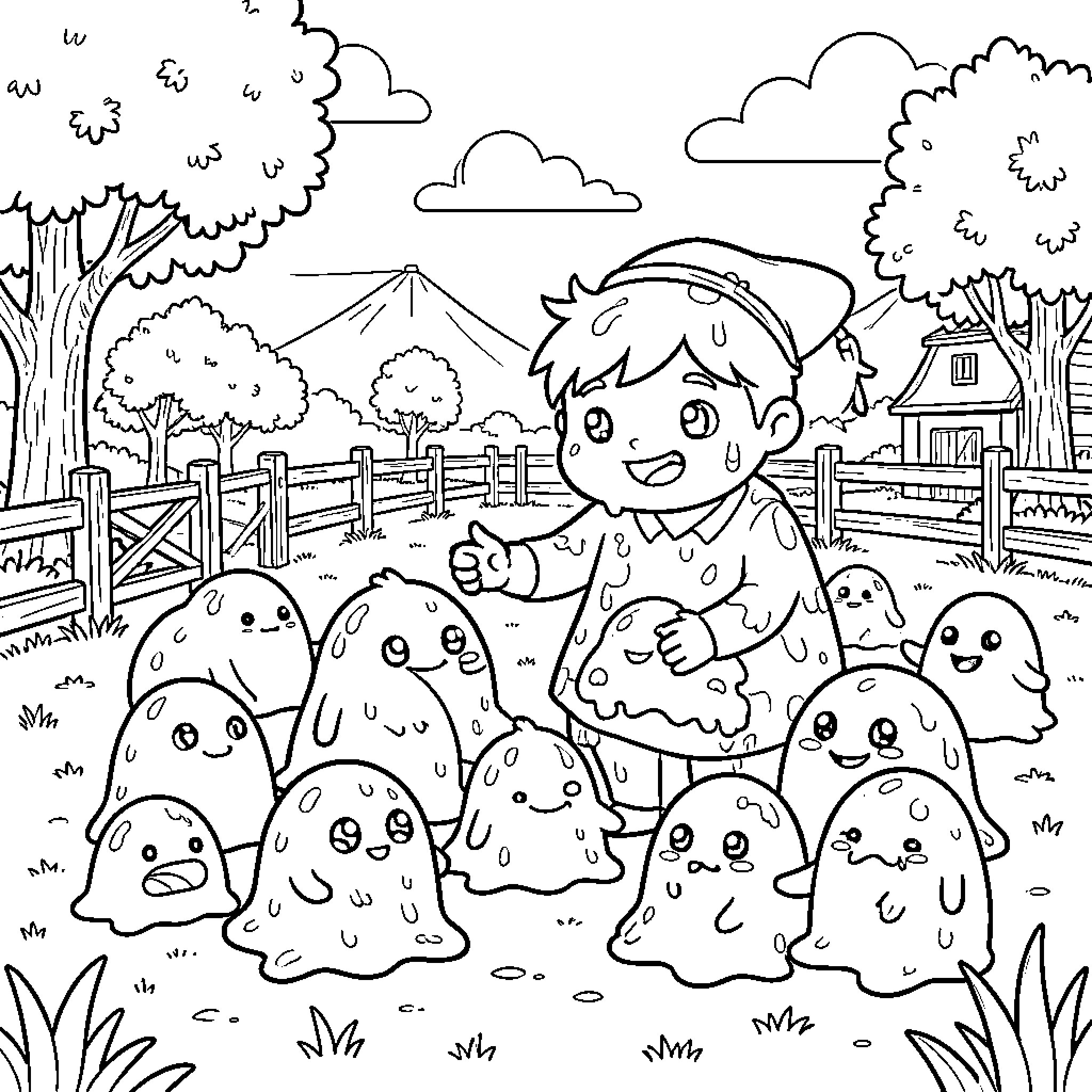 Slime creatures frolicking in a pastoral landscape Coloring Page (free black-and-white line drawing printable PDF for all, from beginners to advanced learners, including children, teens, adults, and seniors)