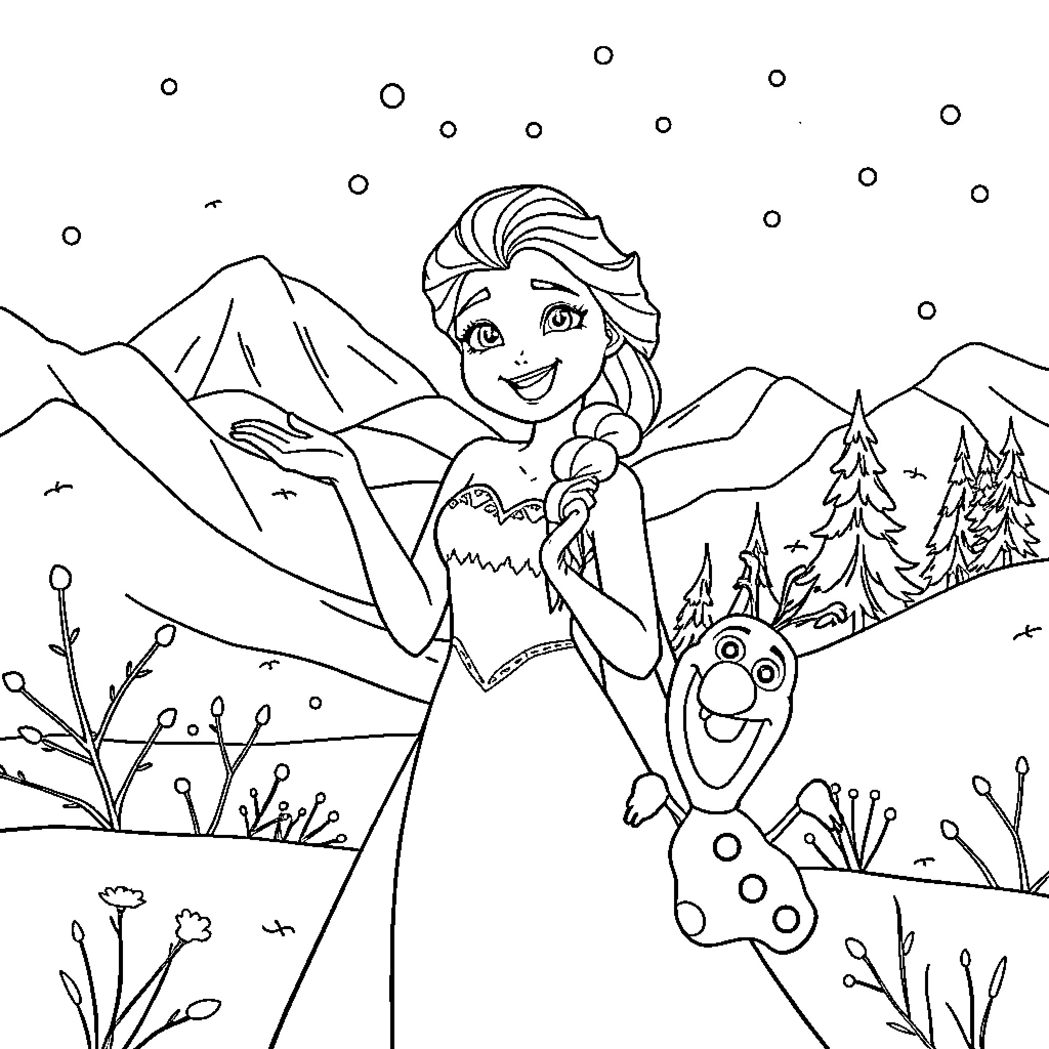 Elsa's Icy Adventure with Olaf in the Snowy Mountains Coloring Page (free black-and-white line drawing printable PDF for all, from beginners to advanced learners, including children, teens, adults, and seniors)