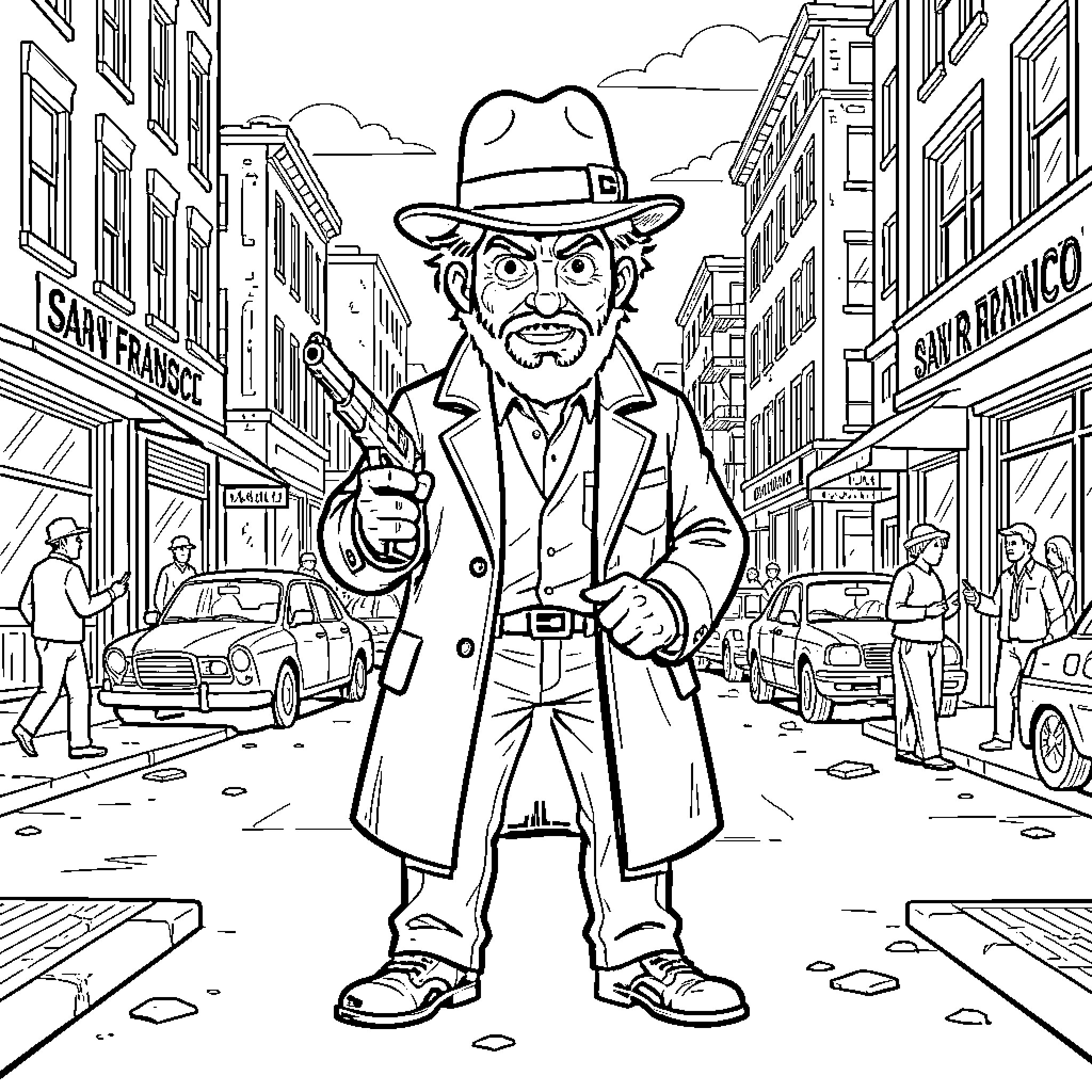 Harry's Mysterious Adventure in the City Coloring Page (free black-and-white line drawing printable PDF for all, from beginners to advanced learners, including children, teens, adults, and seniors)
