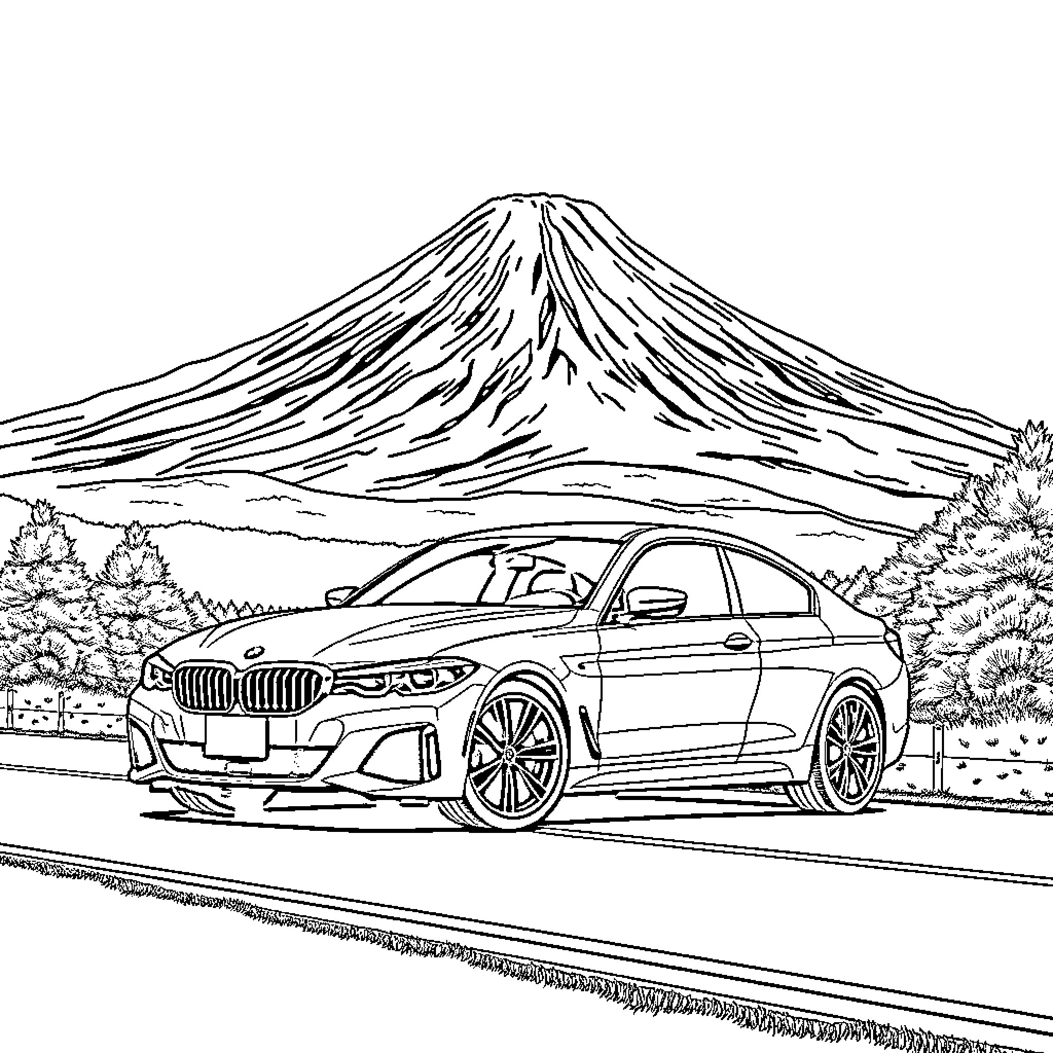 BMW luxury sedan parked before majestic mountain Coloring Page (free black-and-white line drawing printable PDF for all, from beginners to advanced learners, including children, teens, adults, and seniors)