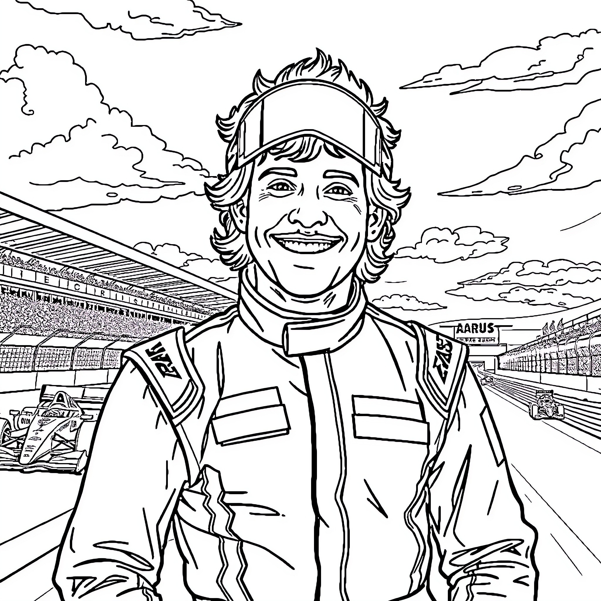 Lando Norris at the Racing Track Coloring Page (free black-and-white line drawing printable PDF for all, from beginners to advanced learners, including children, teens, adults, and seniors)
