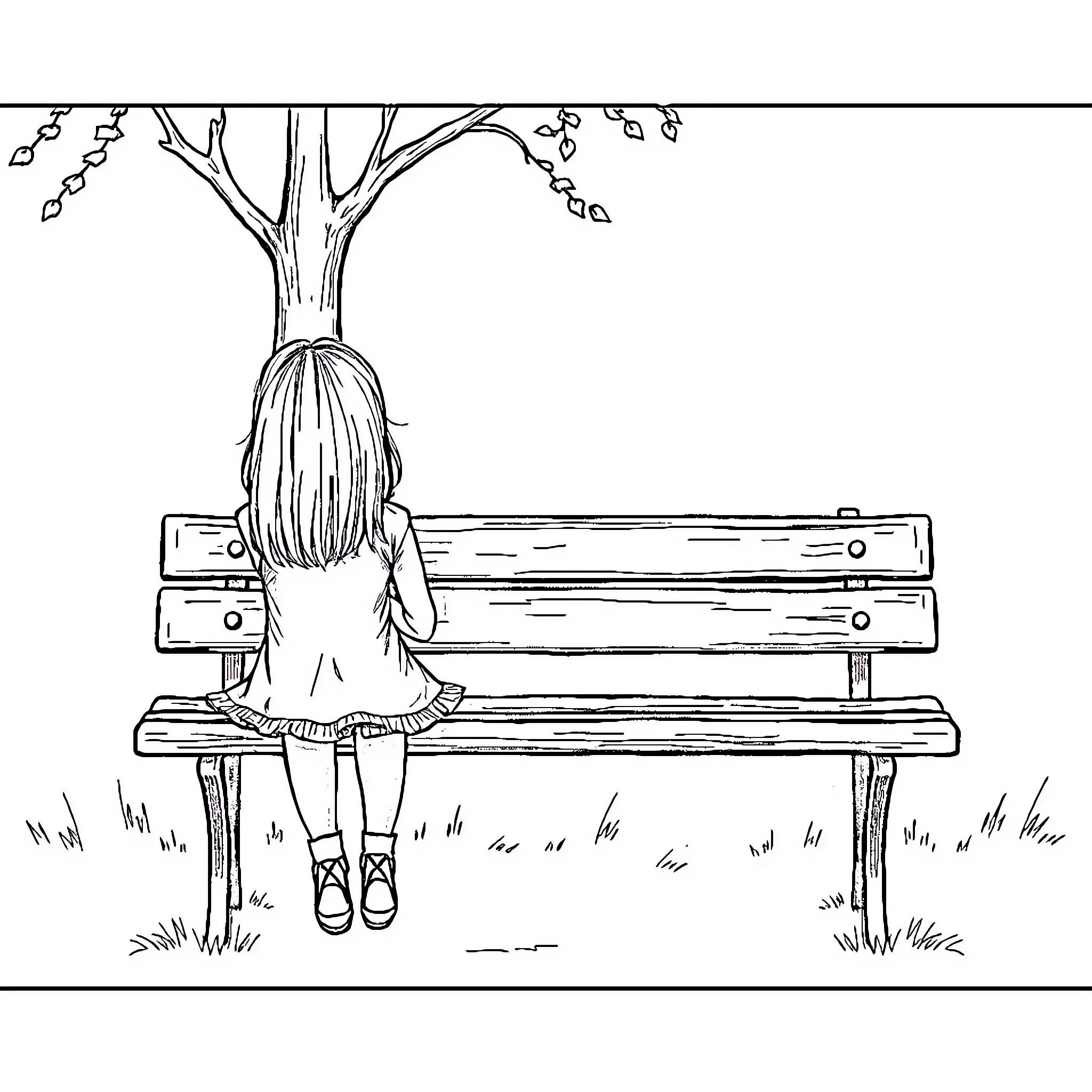 Girl sitting alone on a bench under a tree Coloring Page (free black-and-white line drawing printable PDF for all, from beginners to advanced learners, including children, teens, adults, and seniors)