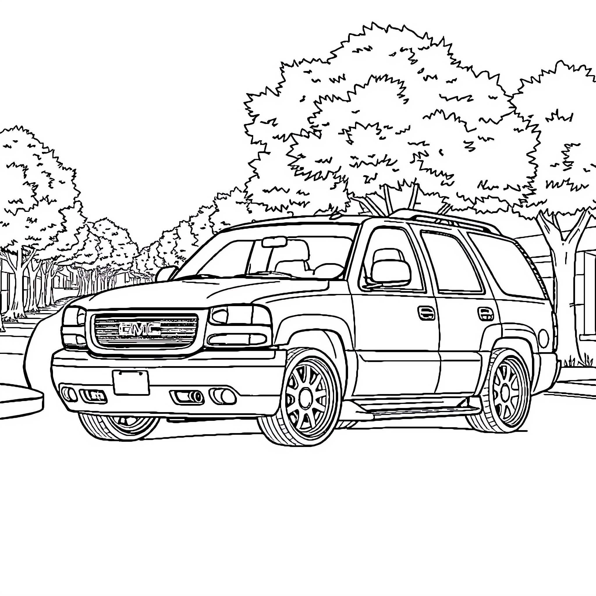 GMC Yukon parked in scenic outdoor setting Coloring Page (free black-and-white line drawing printable PDF for all, from beginners to advanced learners, including children, teens, adults, and seniors)