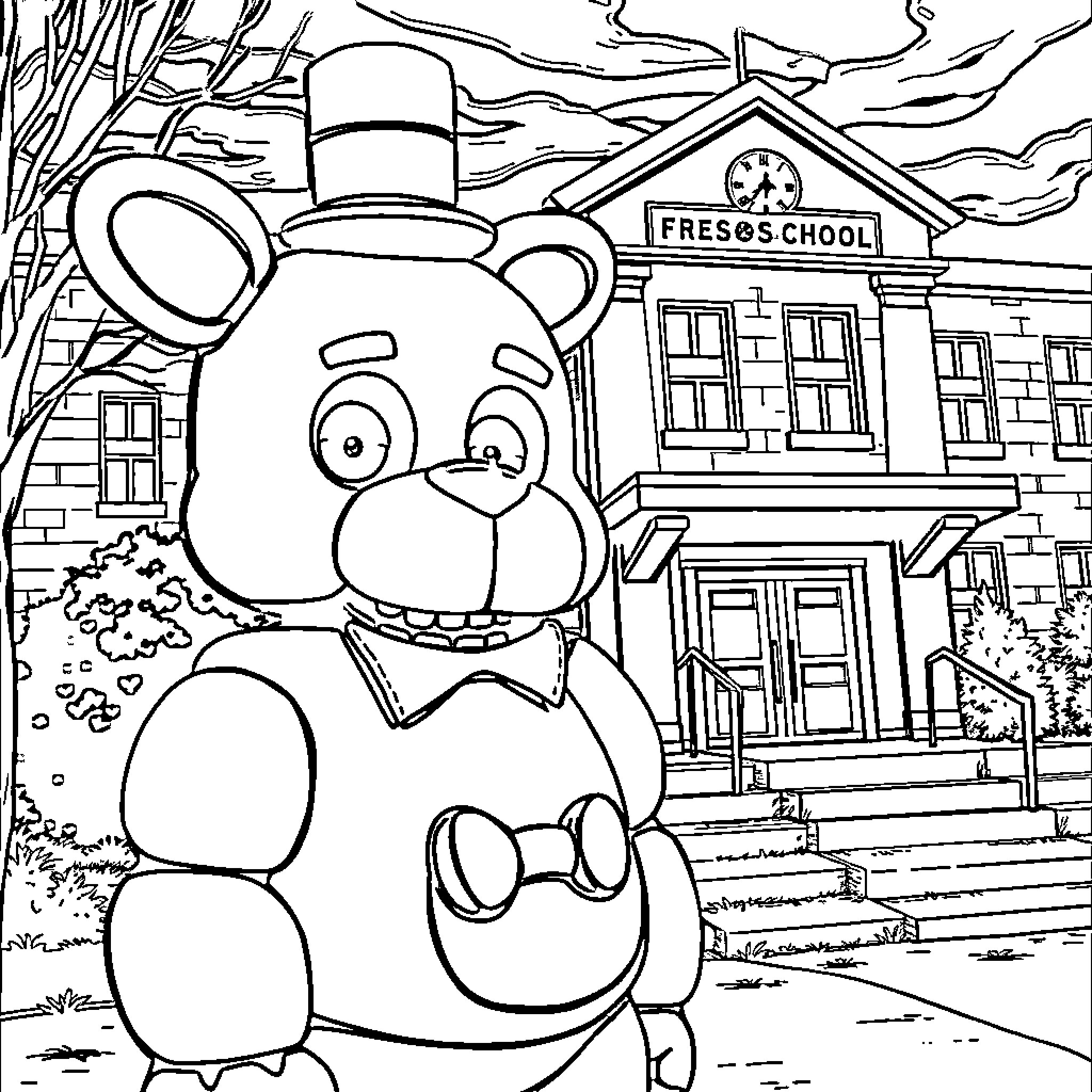 Freddy the Friendly Bear Welcomes Students to School Coloring Page (free black-and-white line drawing printable PDF for all, from beginners to advanced learners, including children, teens, adults, and seniors)