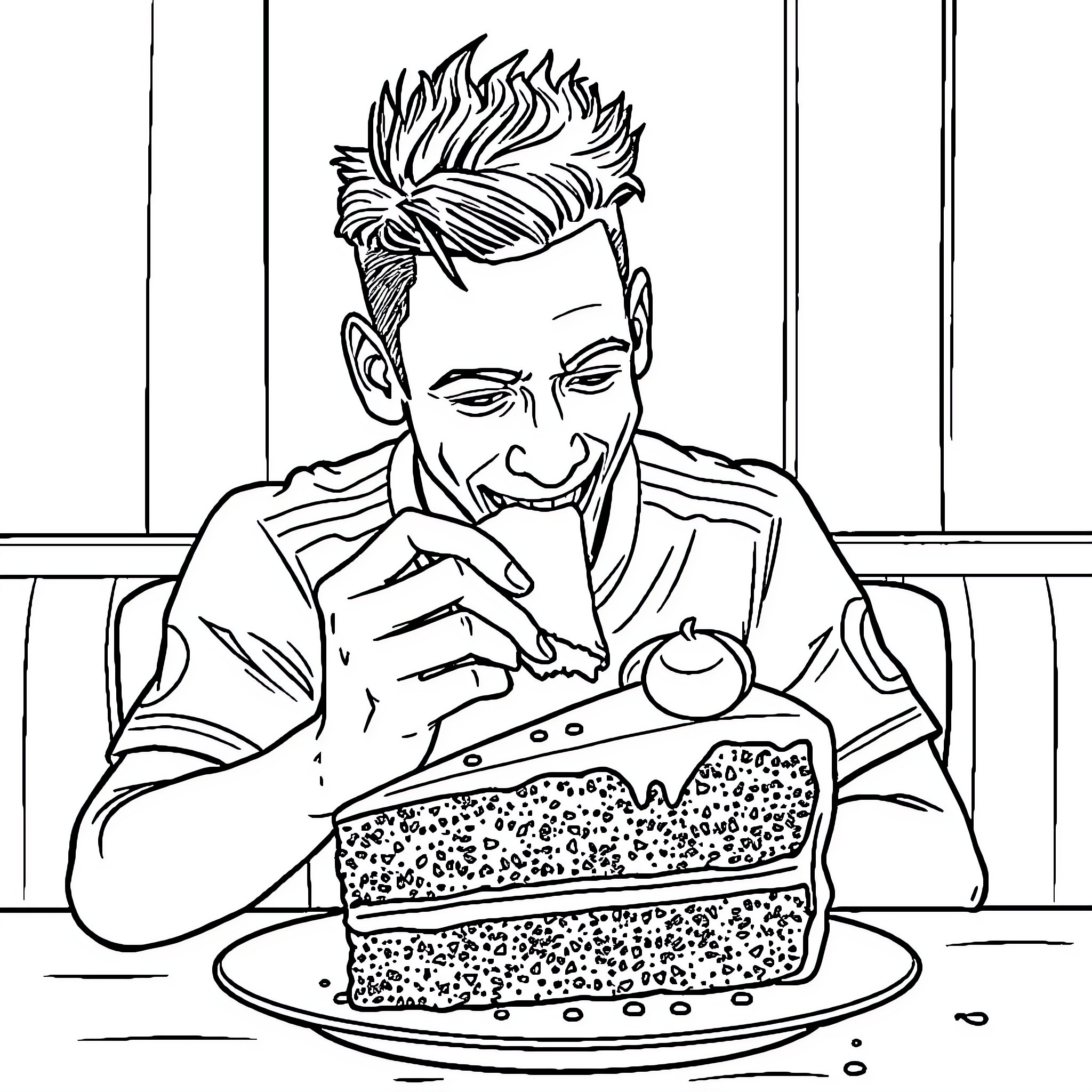 Neymar enjoying a delectable dessert Coloring Page (free black-and-white line drawing printable PDF for all, from beginners to advanced learners, including children, teens, adults, and seniors)