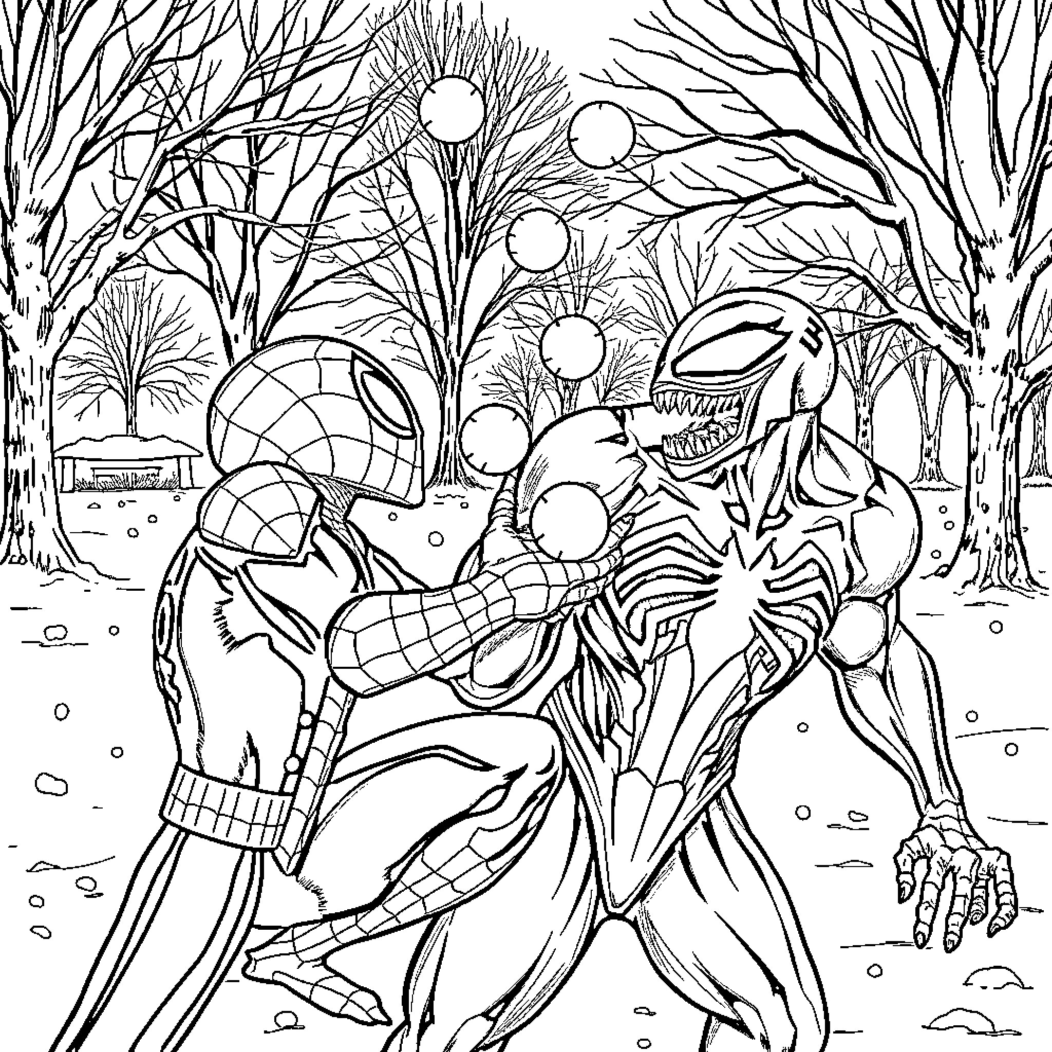 Spider-Man fighting villainous foe in the woods Coloring Page (free black-and-white line drawing printable PDF for all, from beginners to advanced learners, including children, teens, adults, and seniors)