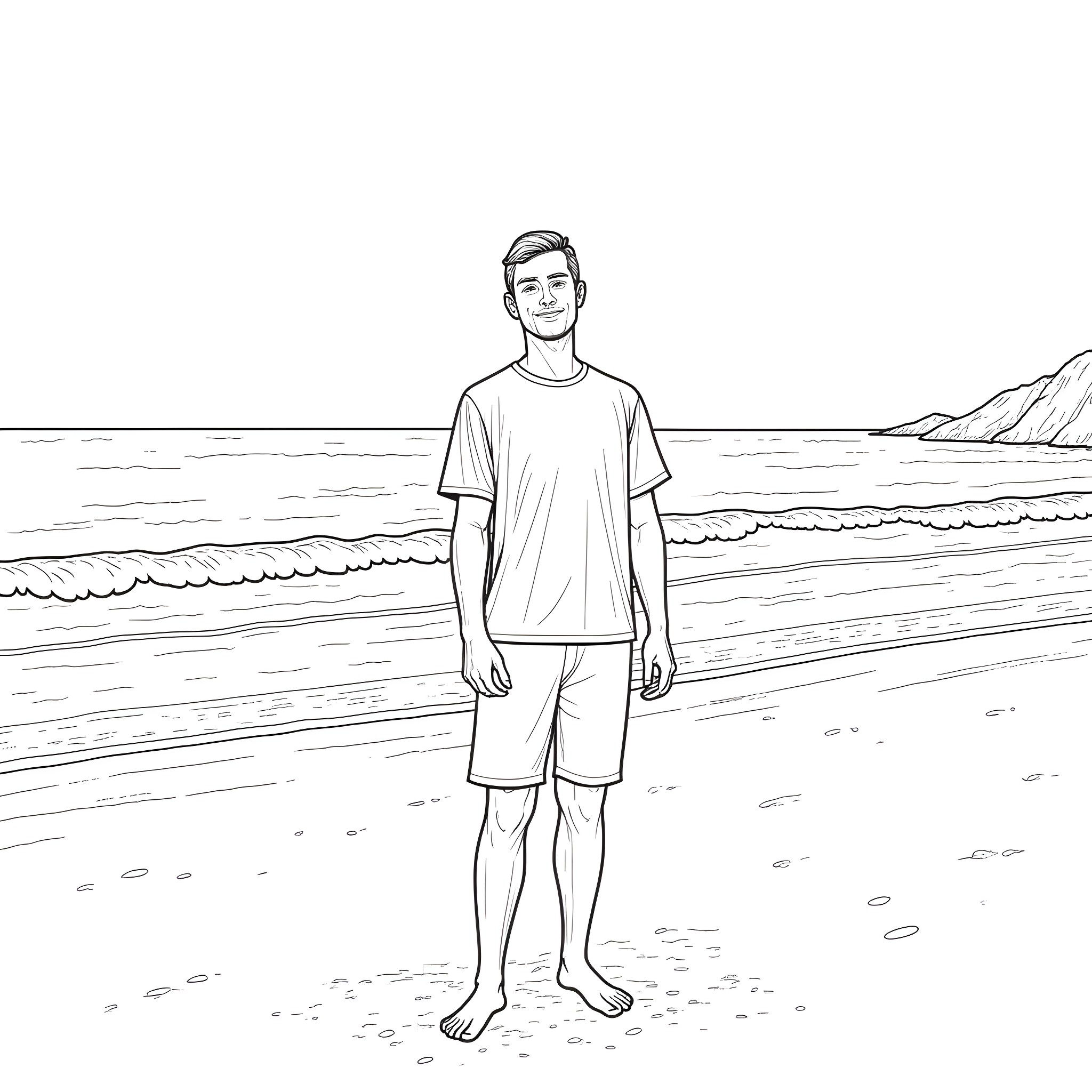 Man standing on the beach Coloring Page (free black-and-white line drawing printable PDF for all, from beginners to advanced learners, including children, teens, adults, and seniors)