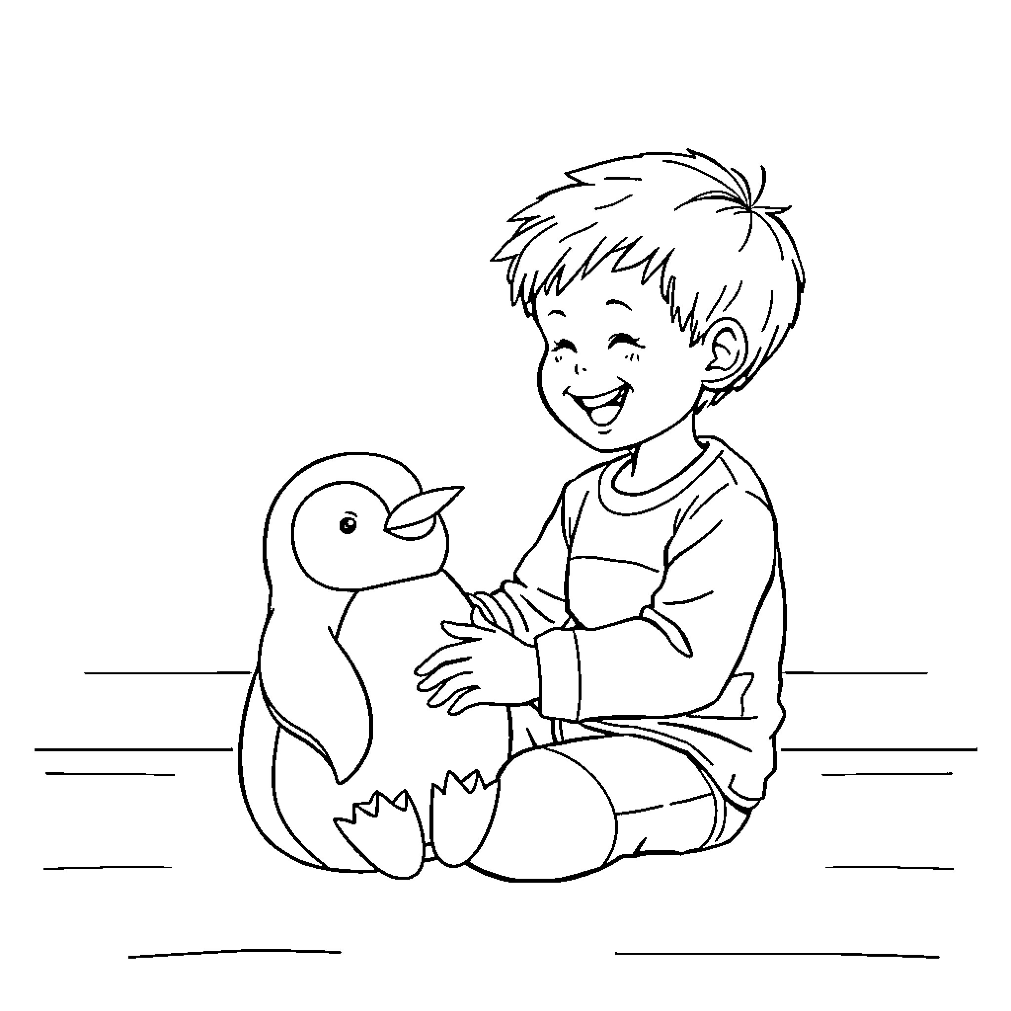 Boy playing happily with his stuffed penguin Coloring Page (free black-and-white line drawing printable PDF for all, from beginners to advanced learners, including children, teens, adults, and seniors)