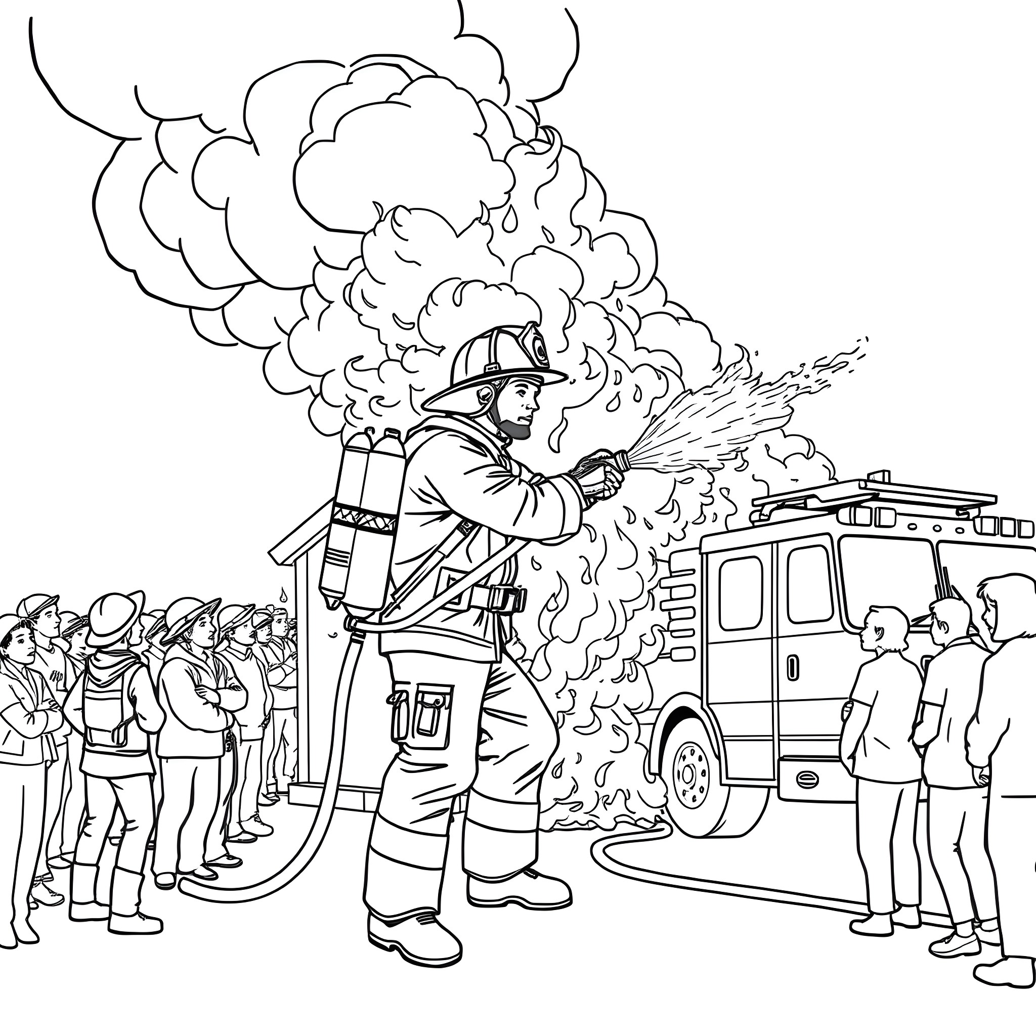 Firefighter bravely battling flames at the scene Coloring Page (free black-and-white line drawing printable PDF for all, from beginners to advanced learners, including children, teens, adults, and seniors)