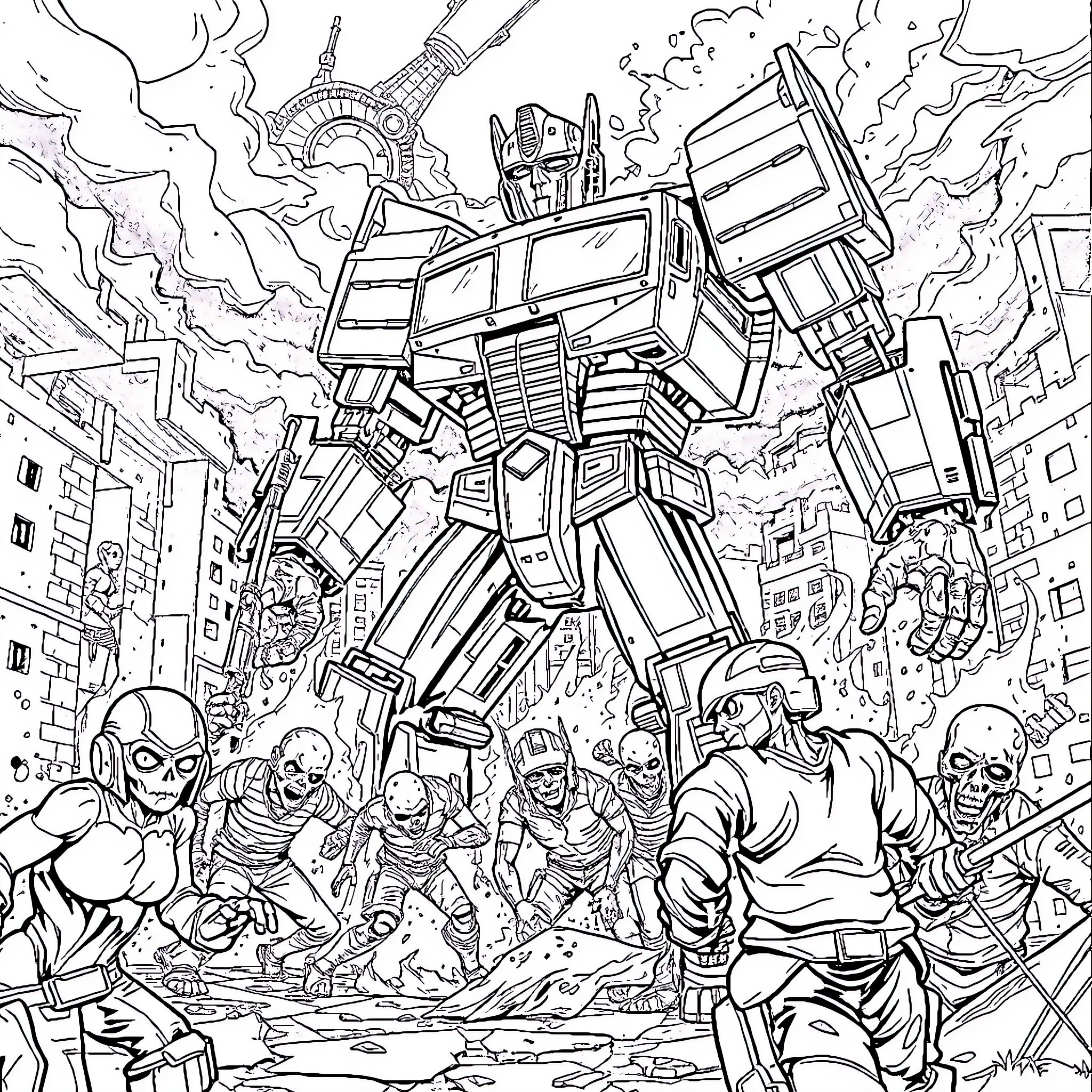 Zombie robot apocalypse in the city Coloring Page (free black-and-white line drawing printable PDF for all, from beginners to advanced learners, including children, teens, adults, and seniors)