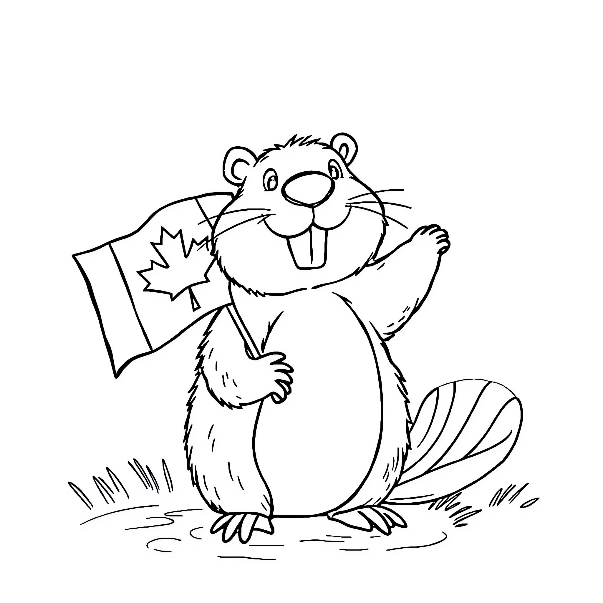 Beaver holding Canadian flag with happy expression Coloring Page (free black-and-white line drawing printable PDF for all, from beginners to advanced learners, including children, teens, adults, and seniors)