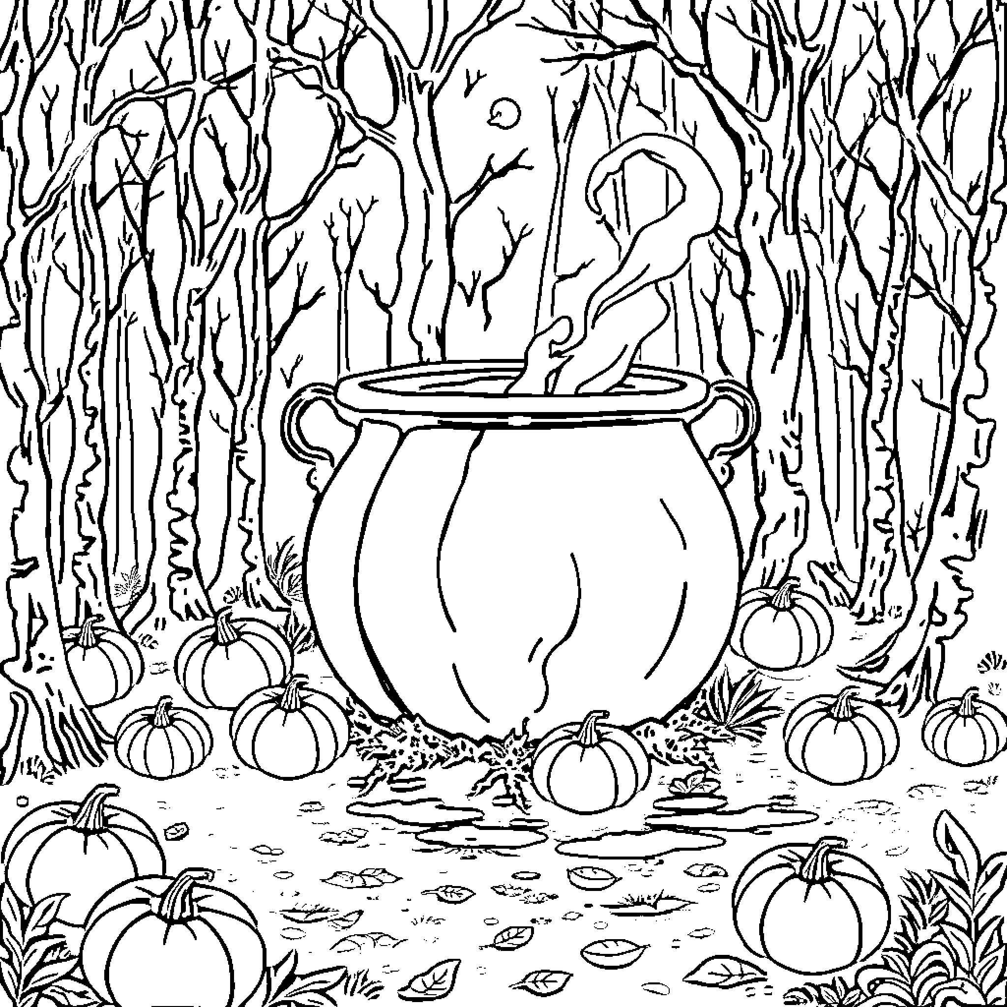 Cauldron of Enchantment in the Mystical Forest Coloring Page (free black-and-white line drawing printable PDF for all, from beginners to advanced learners, including children, teens, adults, and seniors)