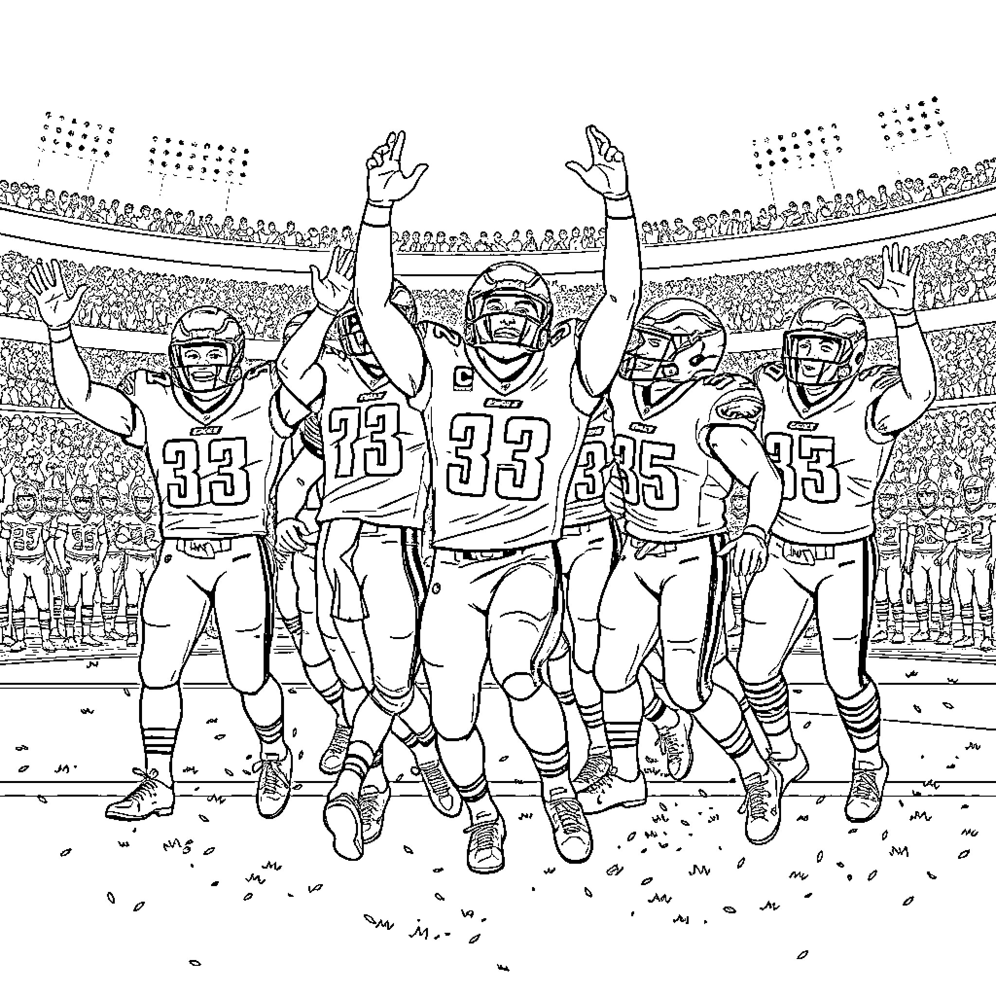 Eagle football players celebrating victory on the field Coloring Page (free black-and-white line drawing printable PDF for all, from beginners to advanced learners, including children, teens, adults, and seniors)