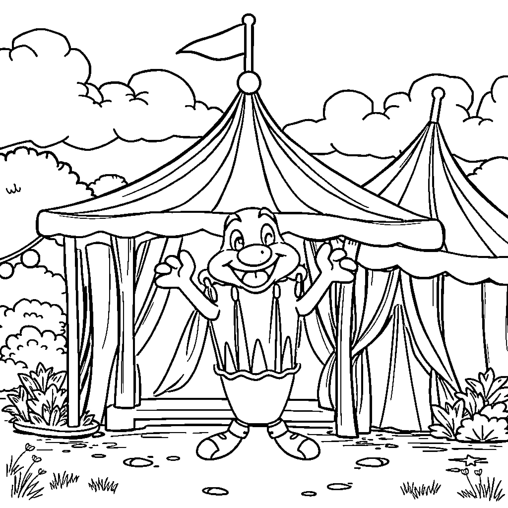 Bumba Enjoying the Circus Tent Adventure Coloring Page (free black-and-white line drawing printable PDF for all, from beginners to advanced learners, including children, teens, adults, and seniors)