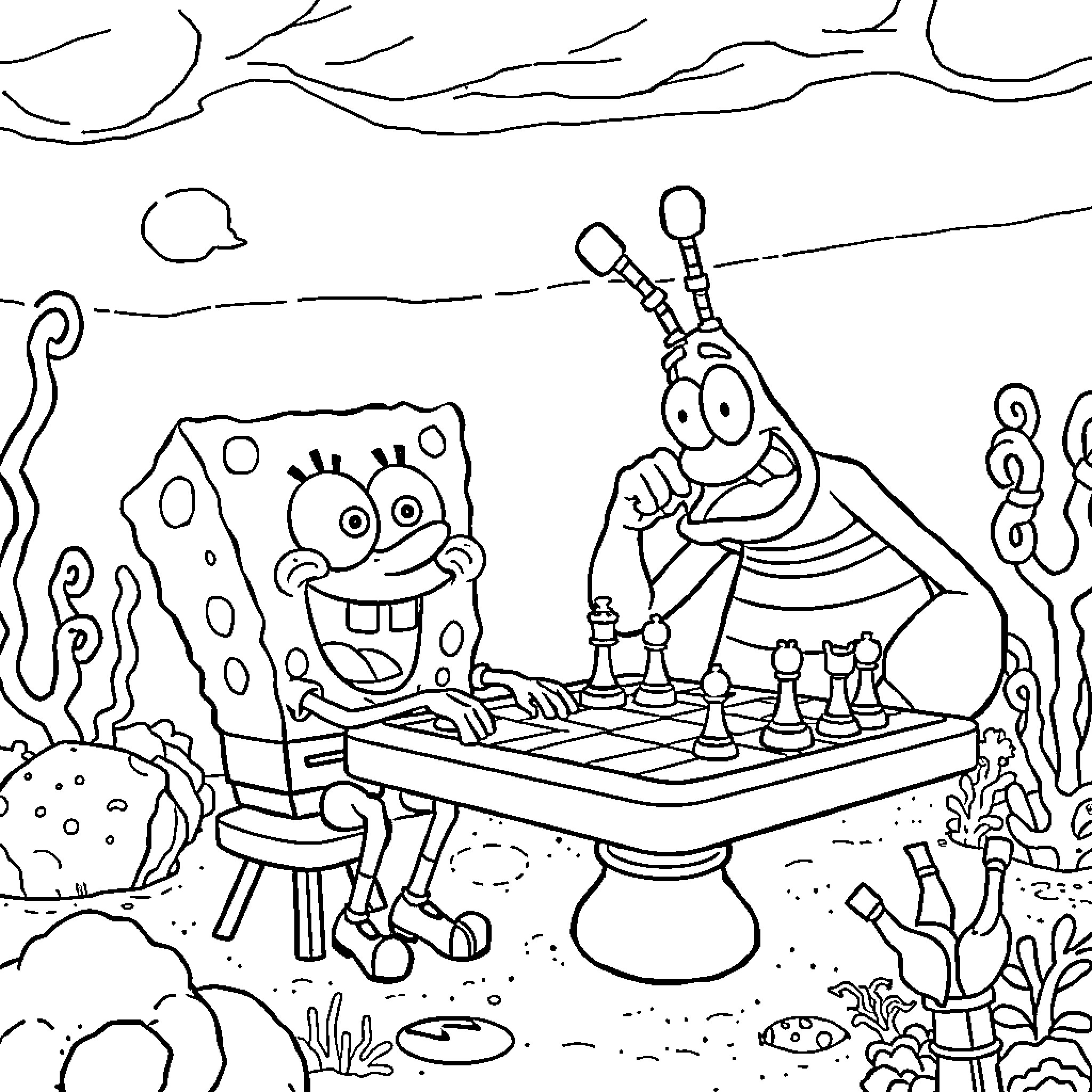 Spongebob playing chess with sea creatures Coloring Page (free black-and-white line drawing printable PDF for all, from beginners to advanced learners, including children, teens, adults, and seniors)