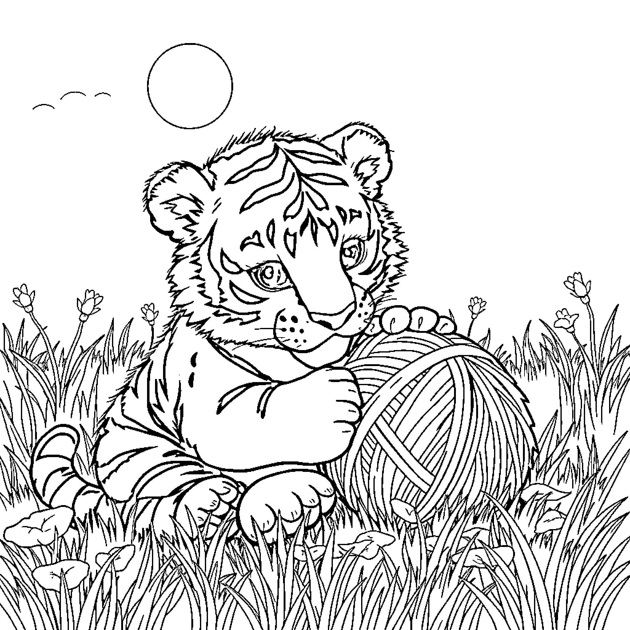 Tiger resting peacefully in lush meadow Coloring Page (free black-and-white line drawing printable PDF for all, from beginners to advanced learners, including children, teens, adults, and seniors)