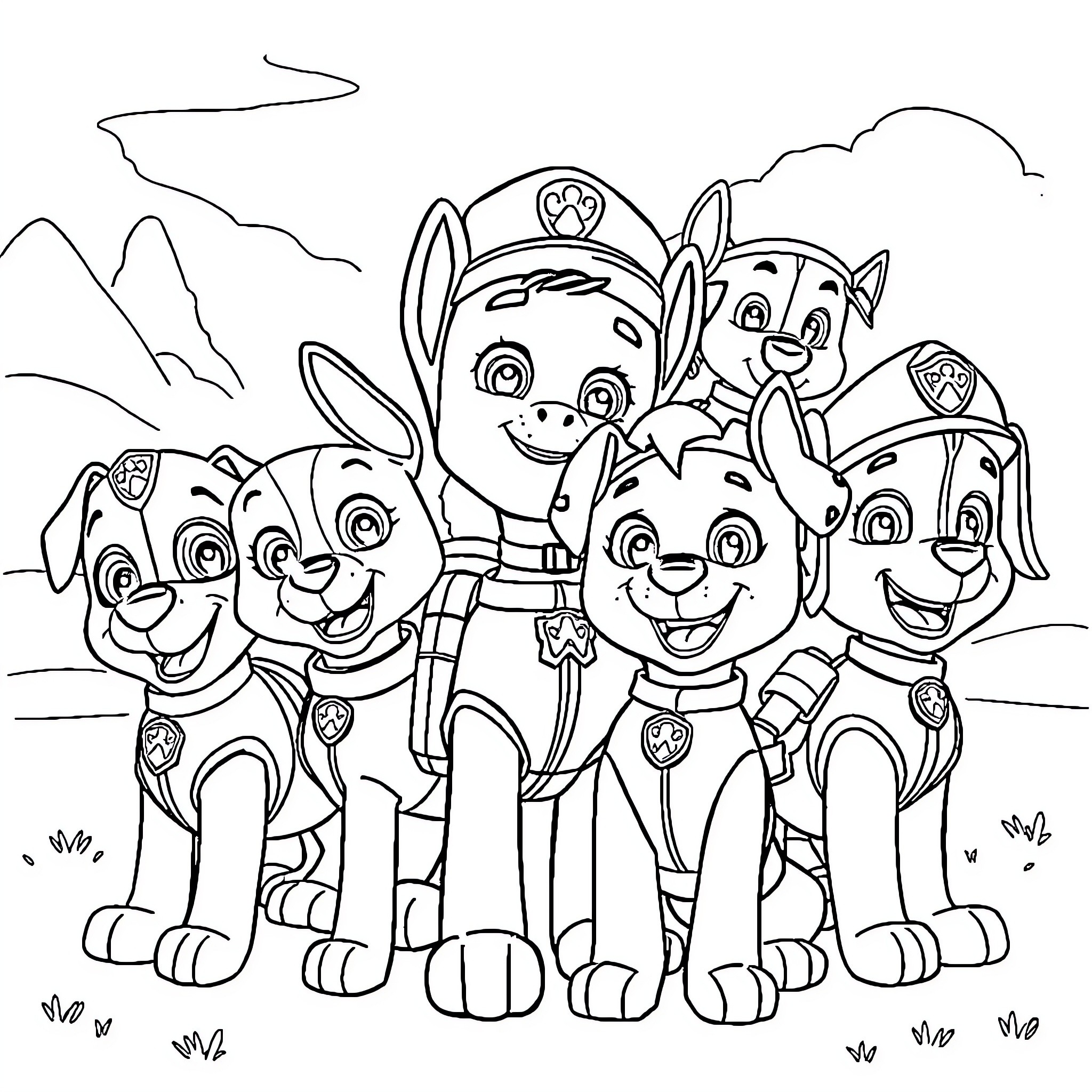 Paw Patrol characters in a group photo Coloring Page (free black-and-white line drawing printable PDF for all, from beginners to advanced learners, including children, teens, adults, and seniors)
