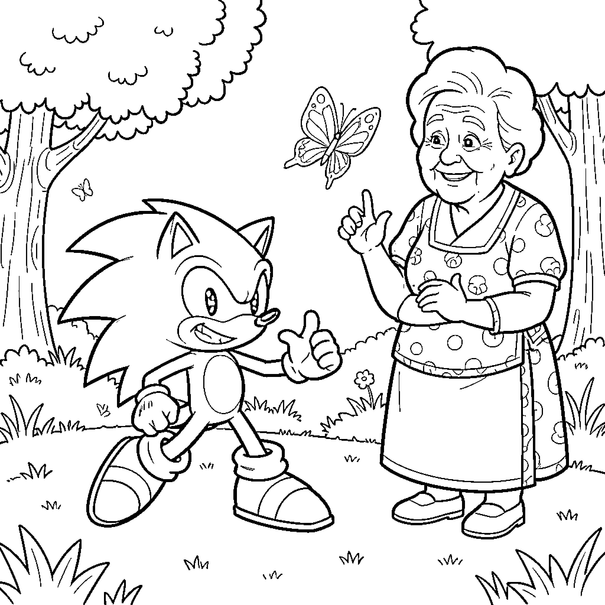 Sonic and a friendly old woman in the forest Coloring Page (free black-and-white line drawing printable PDF for all, from beginners to advanced learners, including children, teens, adults, and seniors)