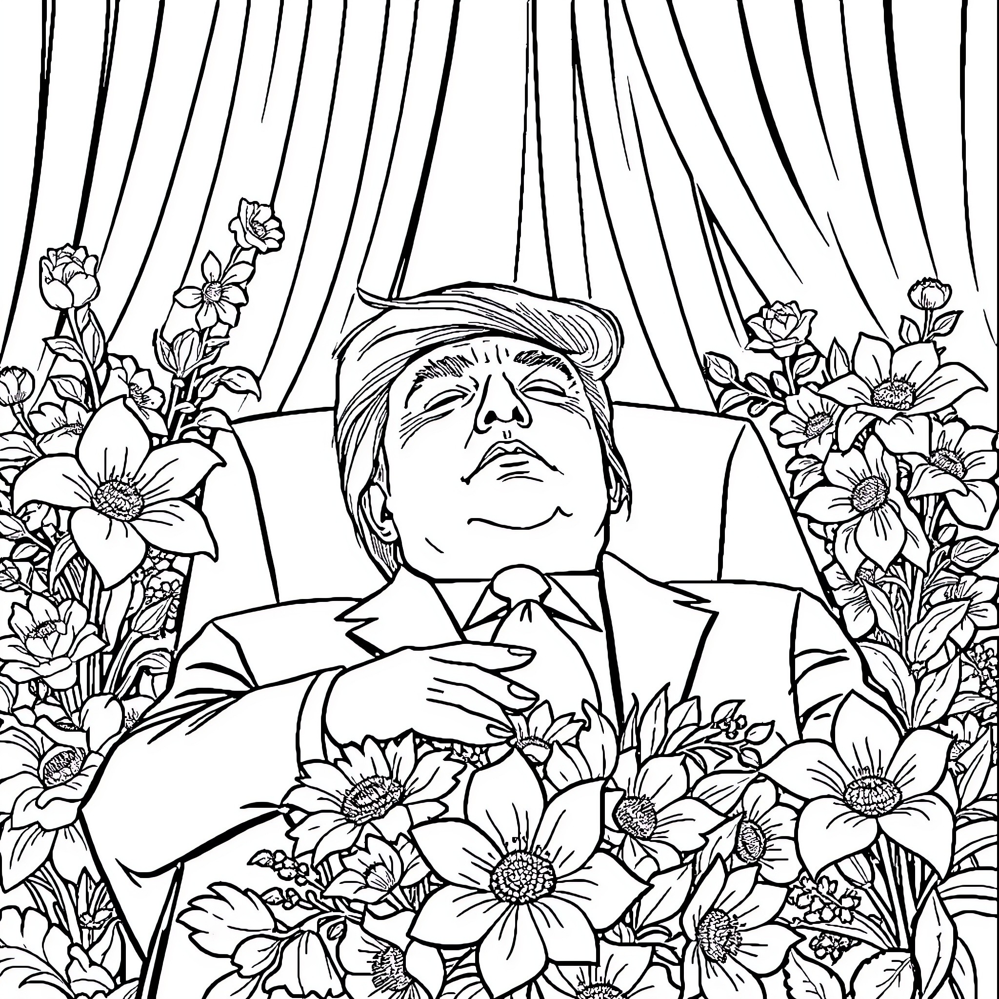 Trump surrounded by blossoming flowers in contemplation Coloring Page (free black-and-white line drawing printable PDF for all, from beginners to advanced learners, including children, teens, adults, and seniors)