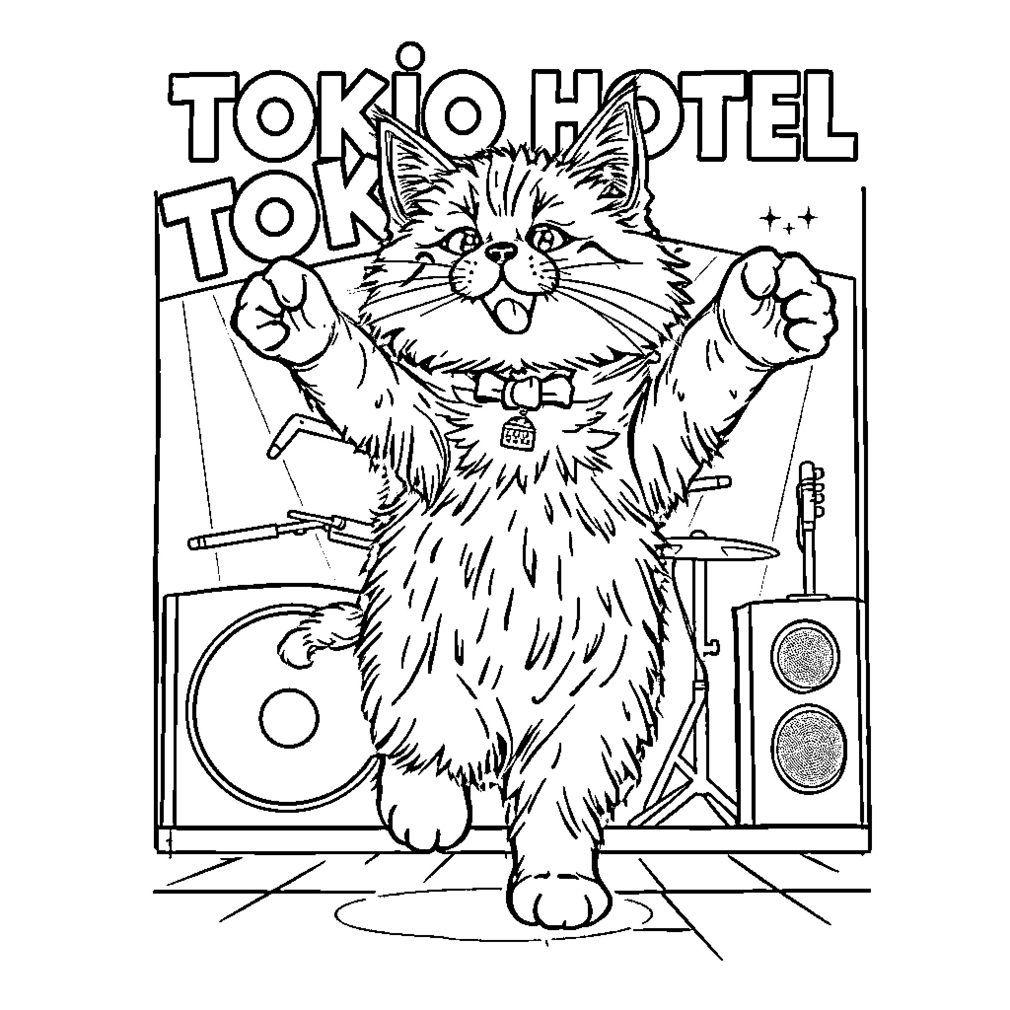 Cat rocking out at Tokio Hotel Coloring Page (free black-and-white line drawing printable PDF for all, from beginners to advanced learners, including children, teens, adults, and seniors)