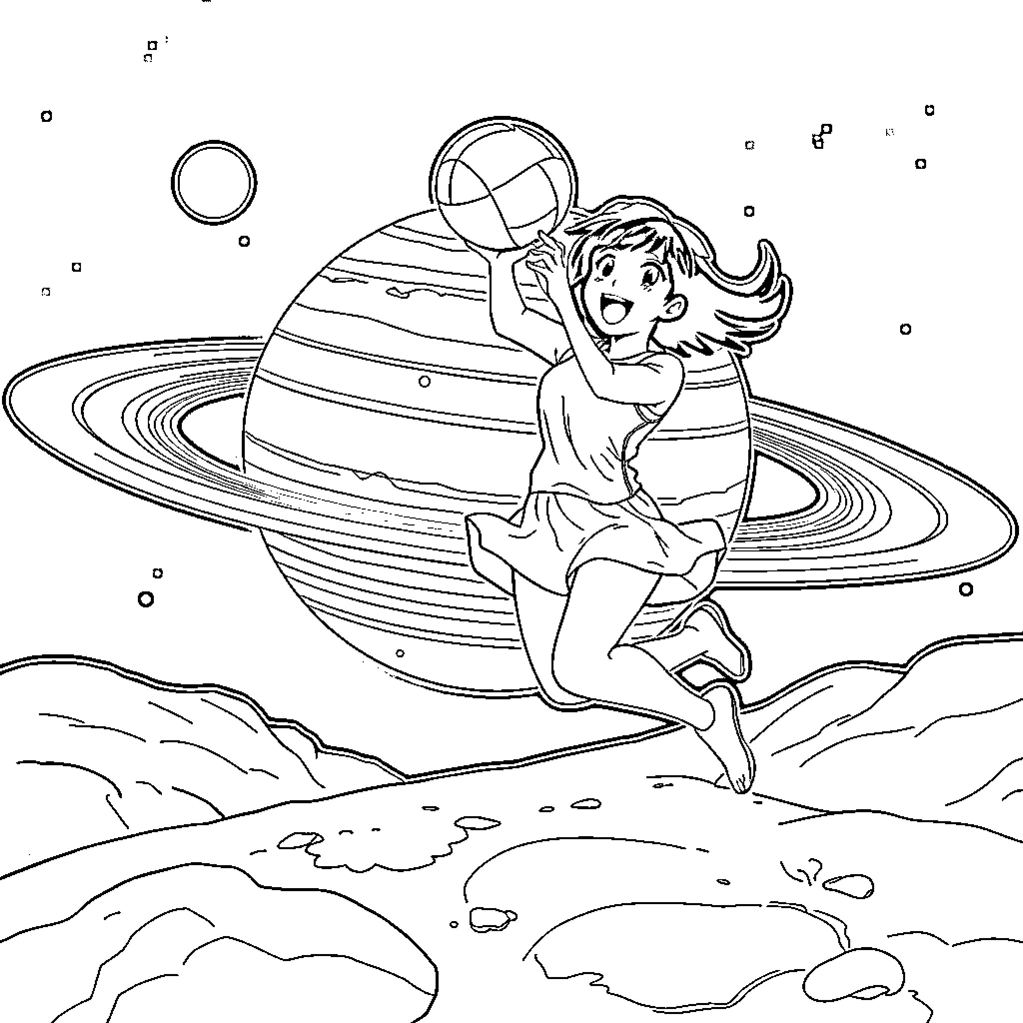 Nezuko Kamado exploring the cosmic realm Coloring Page (free black-and-white line drawing printable PDF for all, from beginners to advanced learners, including children, teens, adults, and seniors)