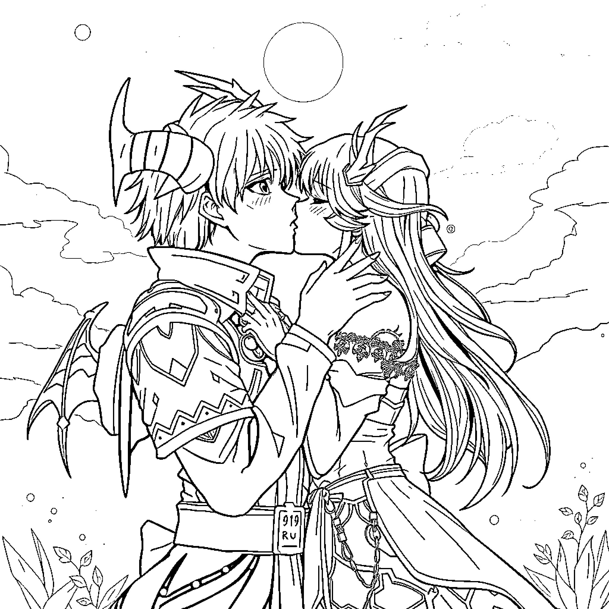 Kpop Fantasy Couple in Mystical Embrace Coloring Page (free black-and-white line drawing printable PDF for all, from beginners to advanced learners, including children, teens, adults, and seniors)