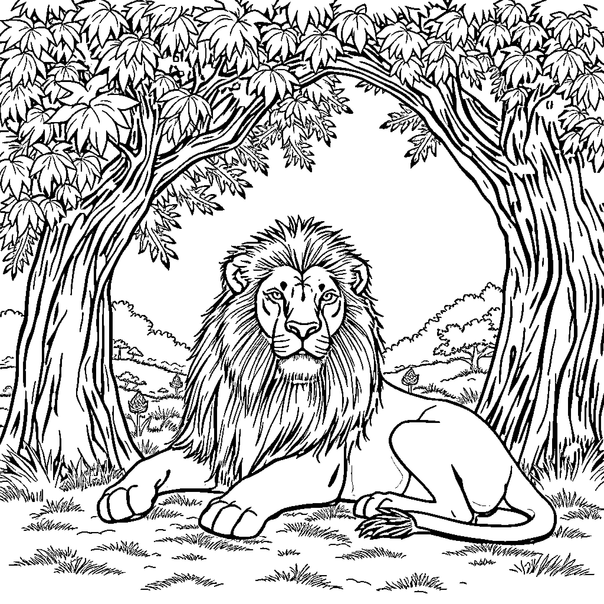 Lion resting in the lush wilderness Coloring Page (free black-and-white line drawing printable PDF for all, from beginners to advanced learners, including children, teens, adults, and seniors)