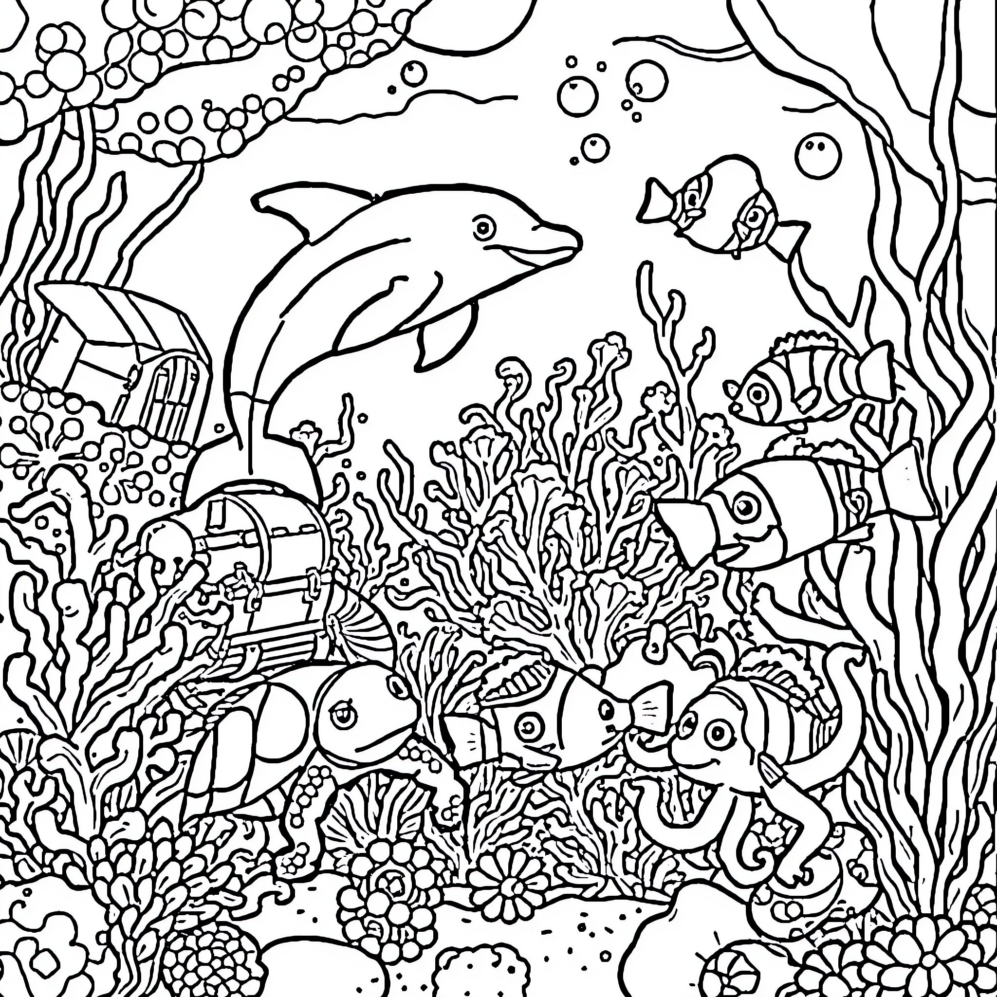 Sea Animal Underwater Scene with Diverse Marine Life Coloring Page (free black-and-white line drawing printable PDF for all, from beginners to advanced learners, including children, teens, adults, and seniors)